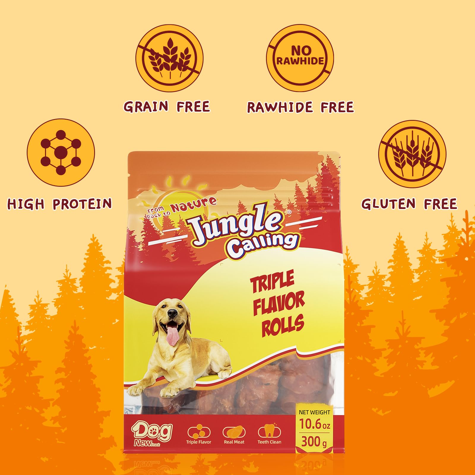 Jungle Calling Triple Flavor Rolls Dog Treats, Chicken Duck Beef, Rawhide Free, 10.6 oz, High Protein, Easily Digestible