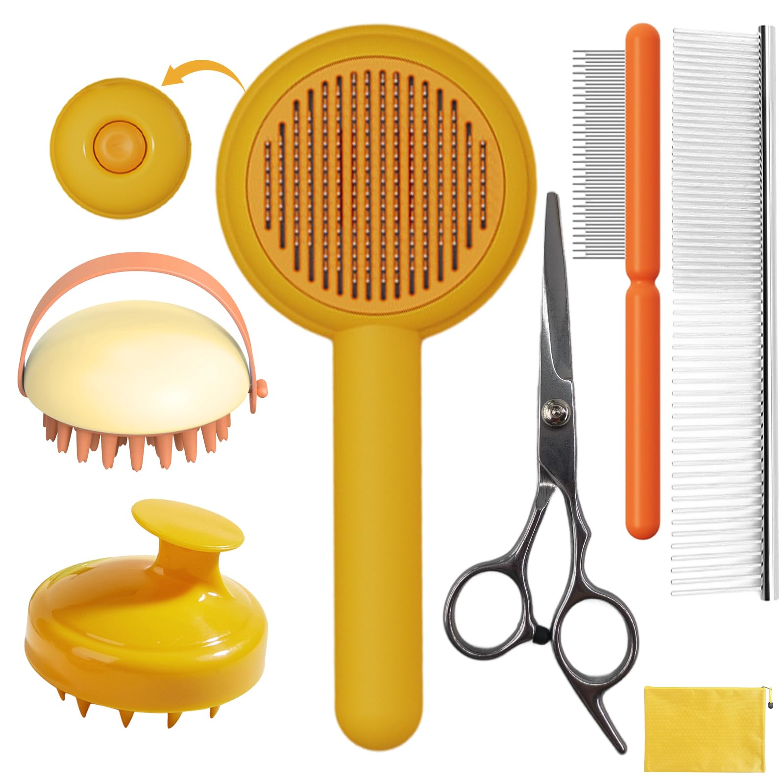 Kueiox Dog Grooming Brush Set, 7 Pcs Self-Cleaning Deshedding Hair Brushes For Short Long Haired Dogs Cats, Includes Scrubber Sh