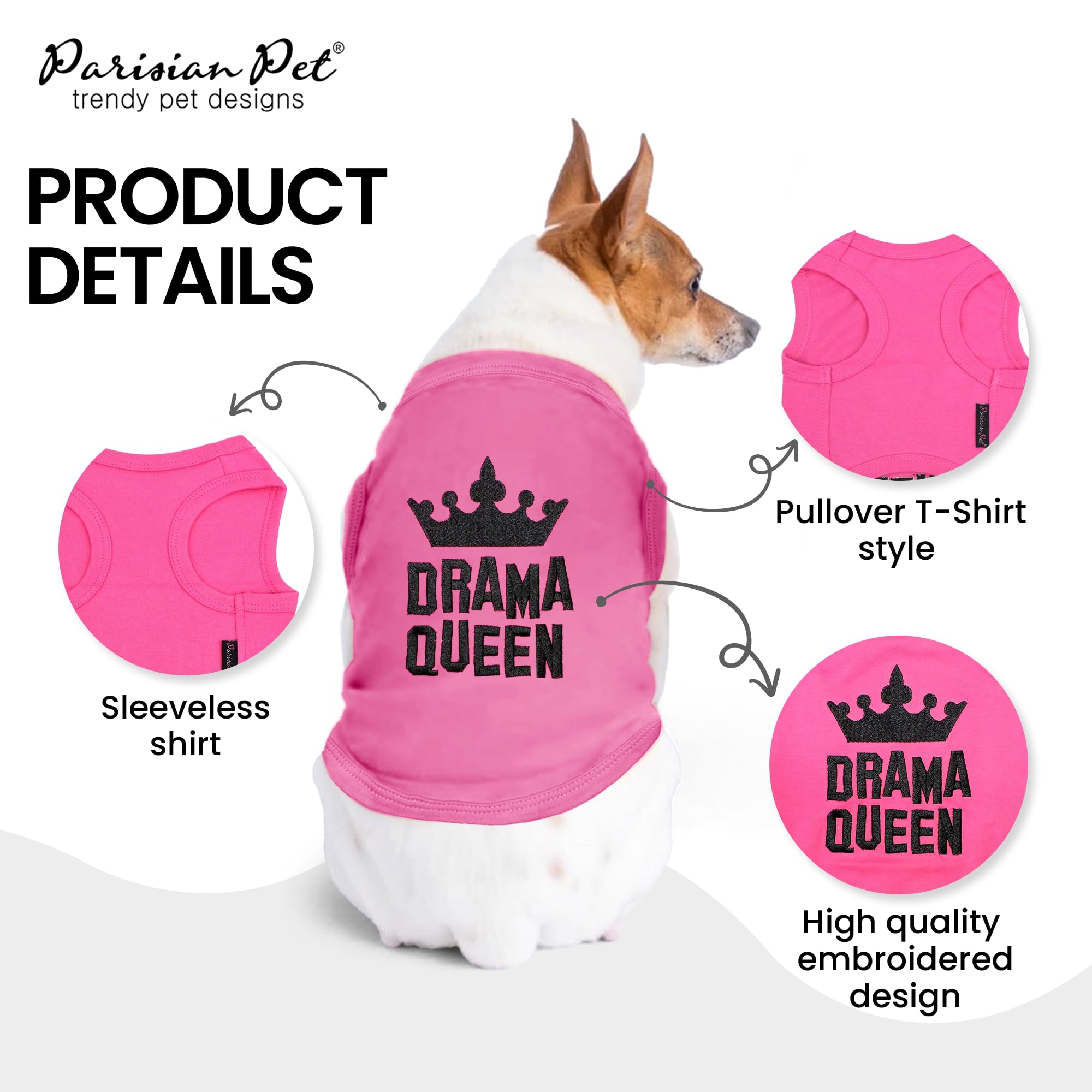 Parisian Pet Dog Tshirt - Embroidered “ Drama Queen “ Girl Dog Shirt - Breathable And Lightweight Dog Clothes - Sleeveless Pink Dog Tee Shirts - Machine Washable Dog Shirt For Large Dogs - L