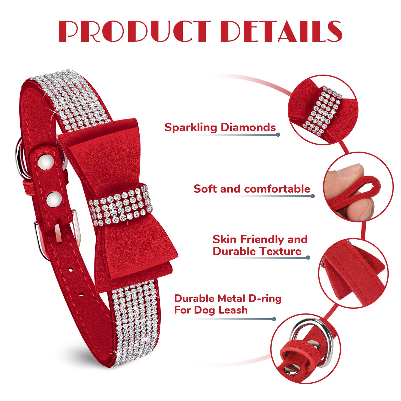 Crystal Dog Collar With Bow Tie,Soft Puppy Bling Collar For Extra Small,Small,Medium Dogs(Red,M)