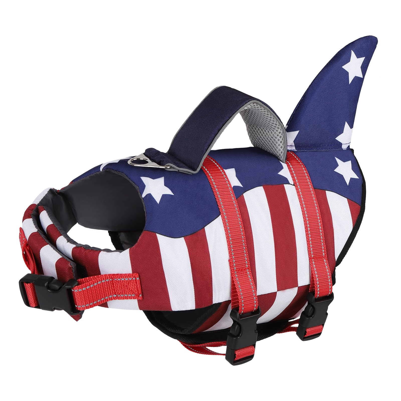 Tdtok Dog Life Jacket Shark Fin American Flag Pattern With Rescue Handle And Reflective Stripes, High Buoyancy Life Safety Vest 