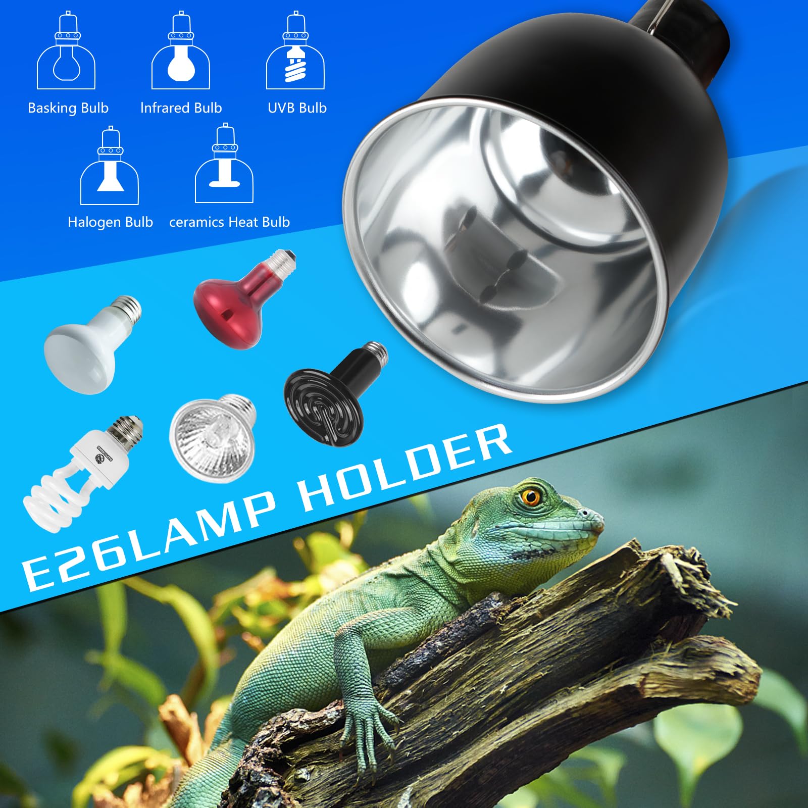 Repti Home Reptile Light Fixture, 5.5 Inch Optical Reflection Deep Dome Heat Lamp Fixture, Uvb Heat Basking Lamp Fixture For Amp