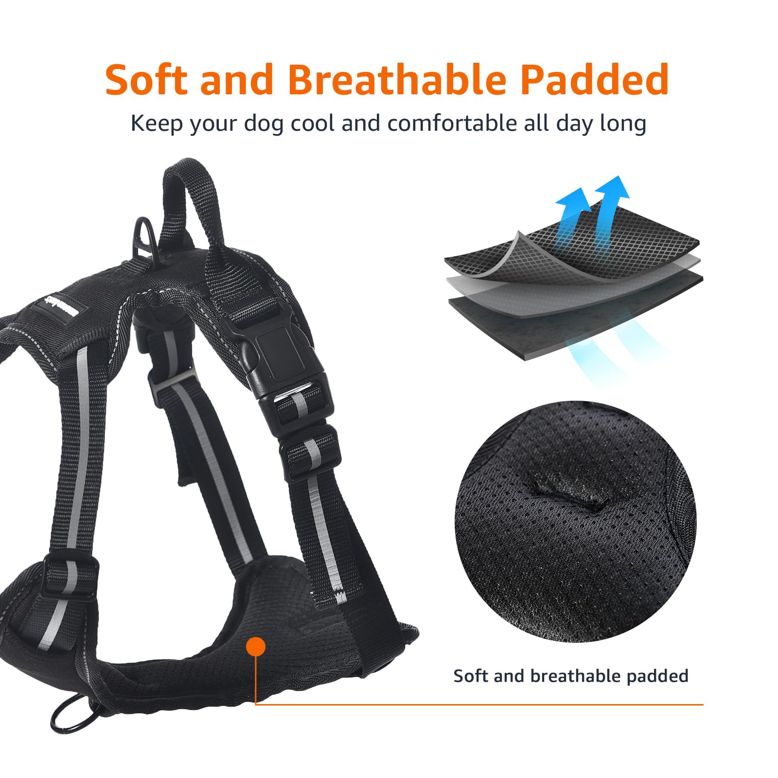 Amazon Basics No-Pull Dog Harness, Adjustable Soft Padded Vest With Reflective Stripes, X-Large, Black