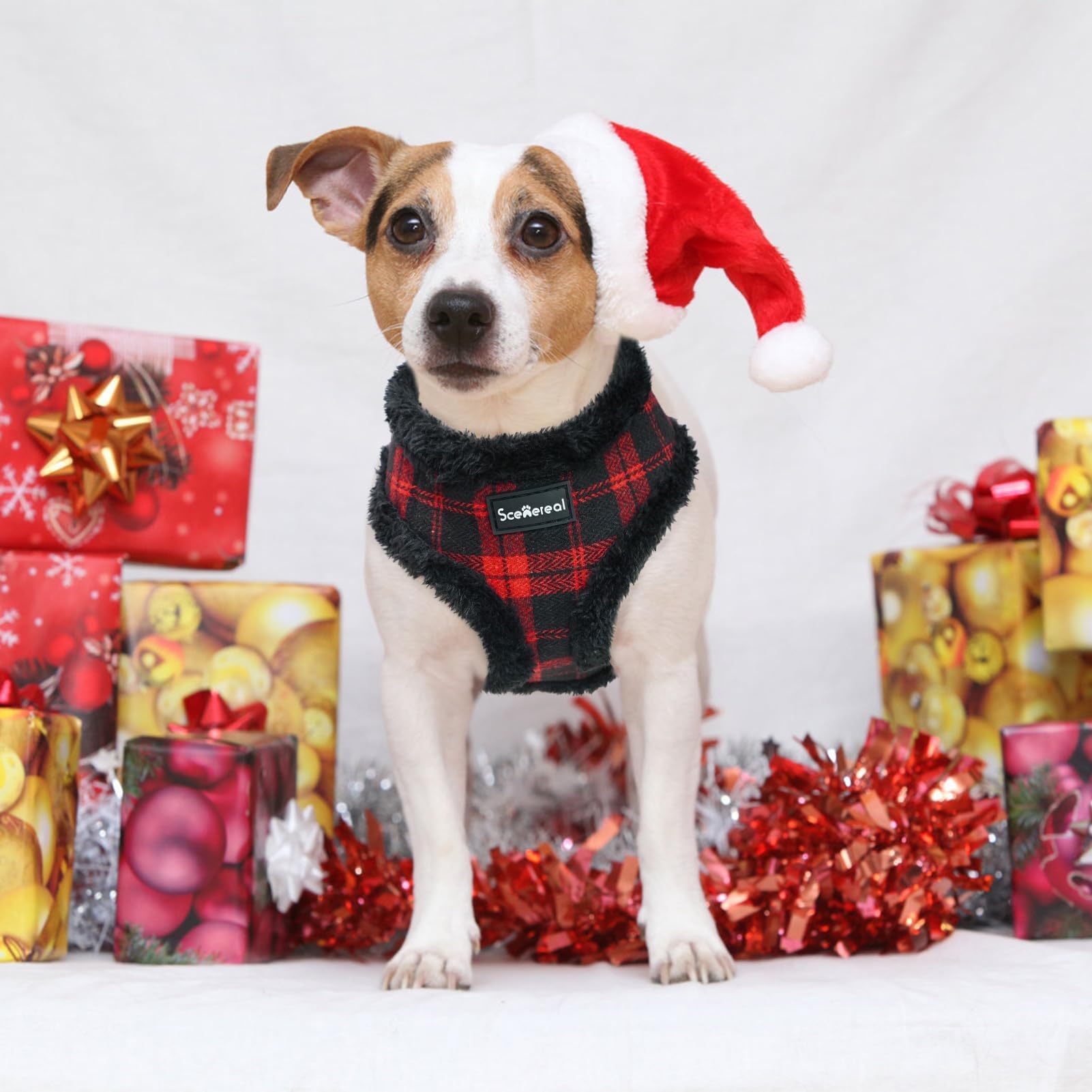 SCENEREAL Small Dog Harness Collar and Leash Set, Warm Fleece No Pull Puppy Vest Harness, Christmas Dog Outfit No Chock Adjustib