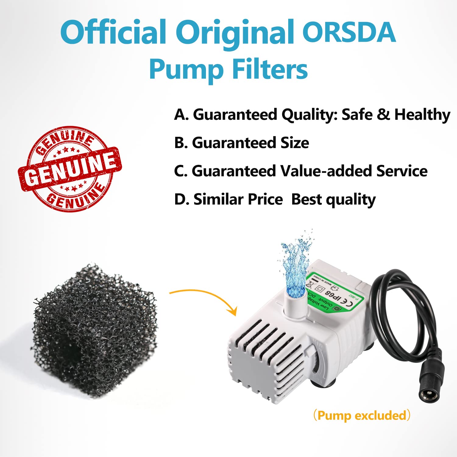 ORSDA Pet Water Fountain Replacement Pump Filters, 8Pcs Black, Compatible with ORSDA/ZeePet Stainless Steel Dog & Cat Fountain, Model ORSDA-D60-CA