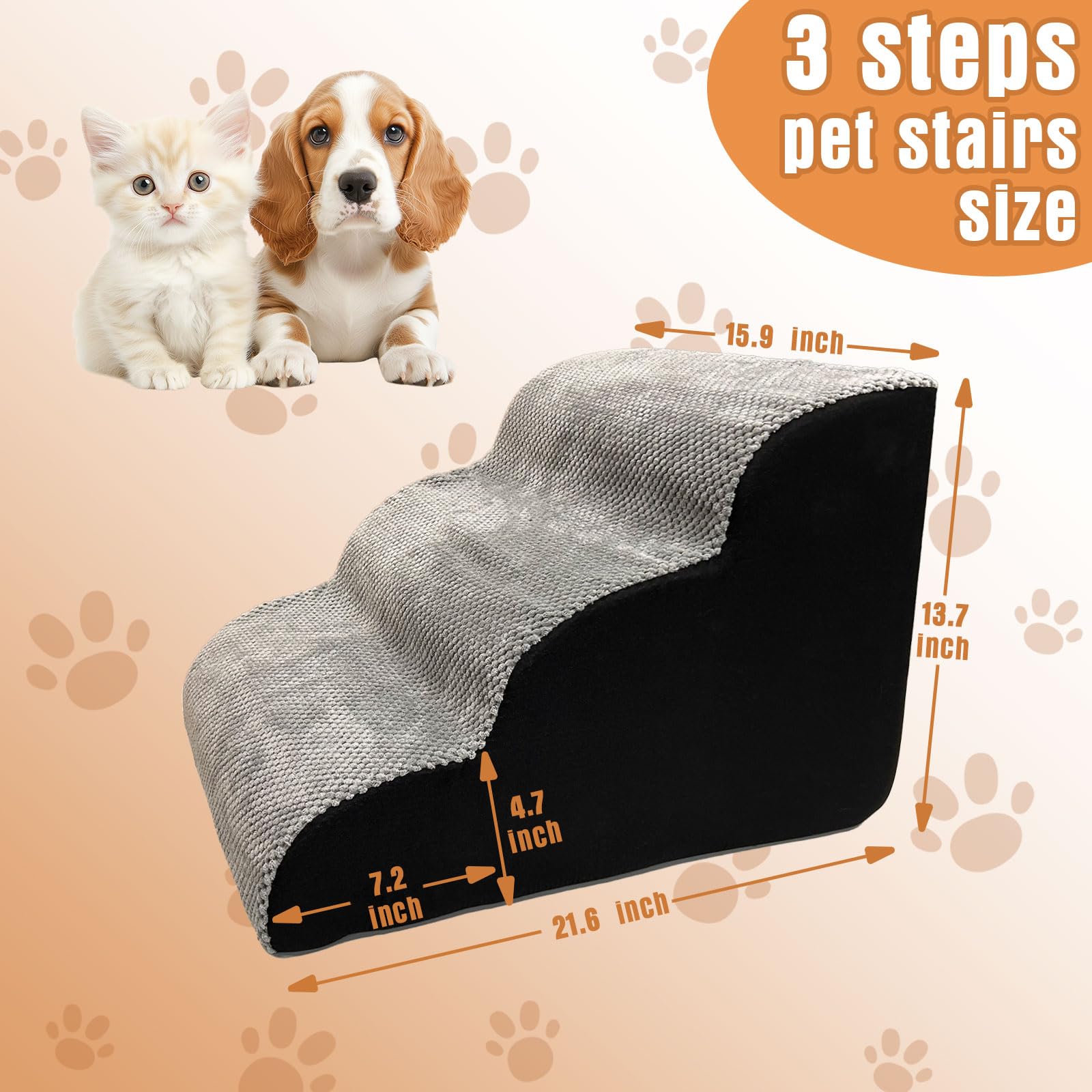 Ydy+Yqy 3-Step Dog Stairs For Small Dogs, Wide Steps With No Assembly High Density Foam Cover, Non-Slip Stable Dog Ramp For Bed