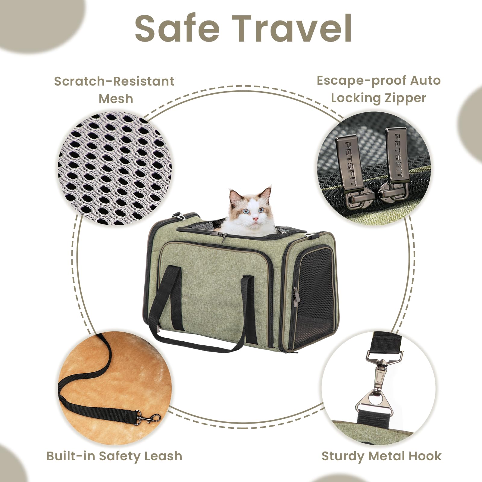Petsfit 16 Expandable Rabbit Carrier - Airline Approved, Green, Soft Washable Cushion, Self-Locking Zipper, Built-in Safety Rope, Travel Friendly