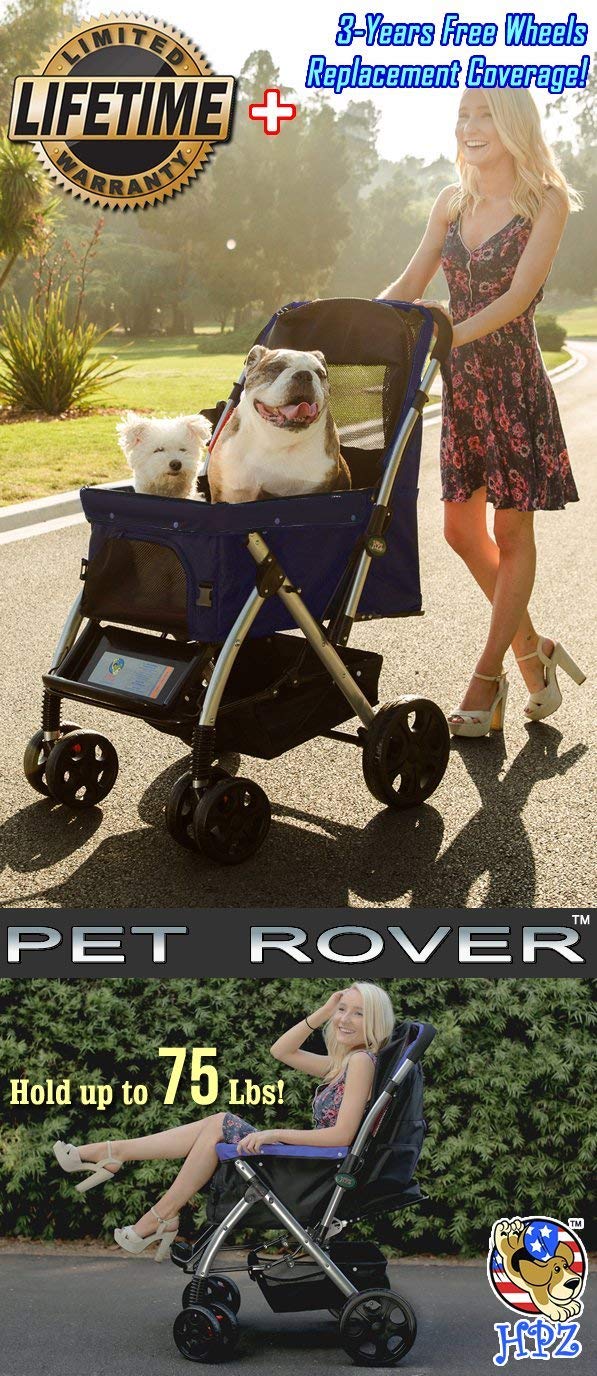 HPZ Pet Rover Heavy Duty Pet Stroller, Large, Alloy Steel, Midnight Blue, Model DS328, Zipperless Entry, Reversible Handle