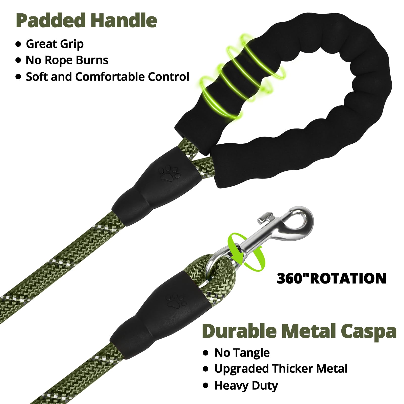 jenico Long Dog Leash 10FT: Heavy Duty Nylon Rope Leashes for Dogs Training with Reflective Threads Bungee and Padded Handle - D