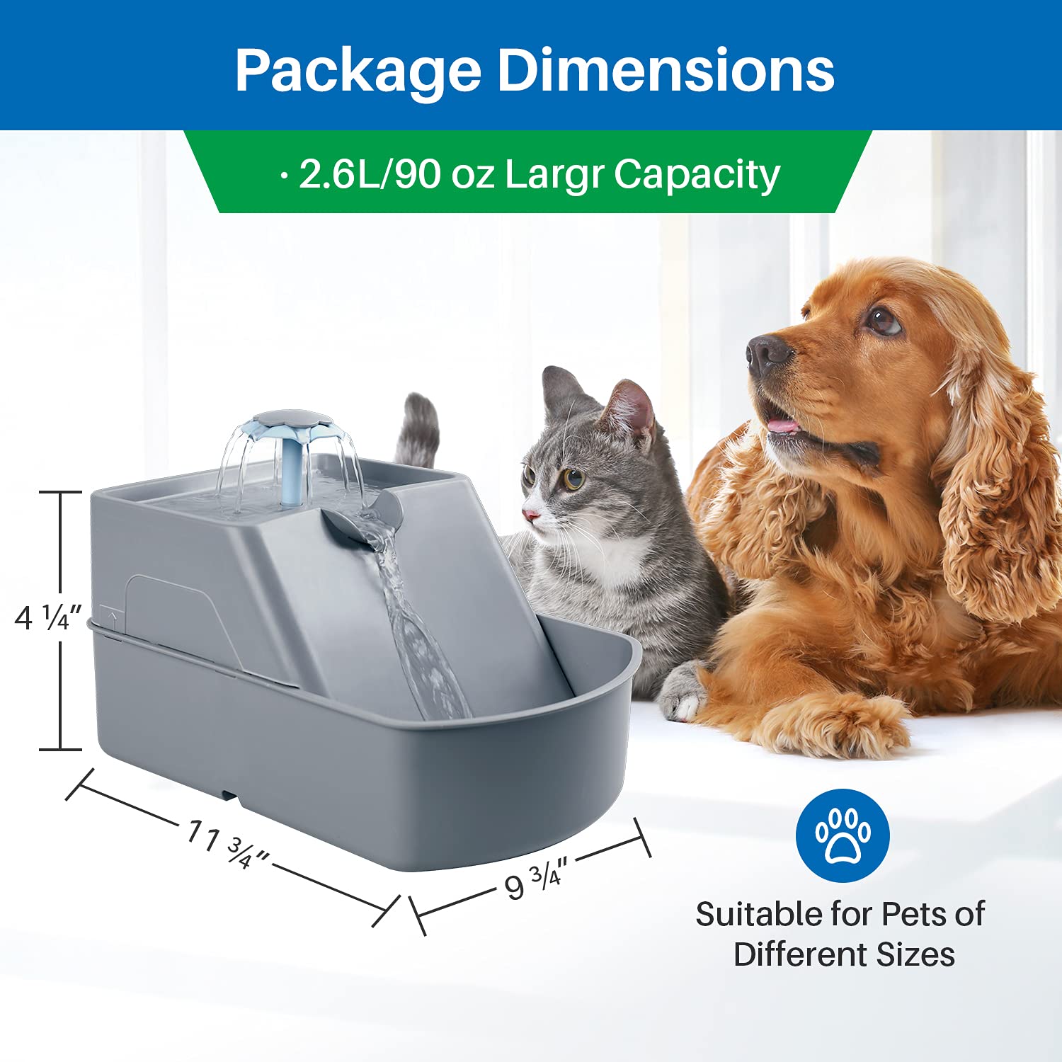 Toread Cat Water Fountain, 90Oz/2.6L Automatic Drinking Water Dispenser With 5 Washable Replacement Filters, Ultra Quiet Pump For Kitty, Cat, Small Dog, Anti Spill Running Water Bowl
