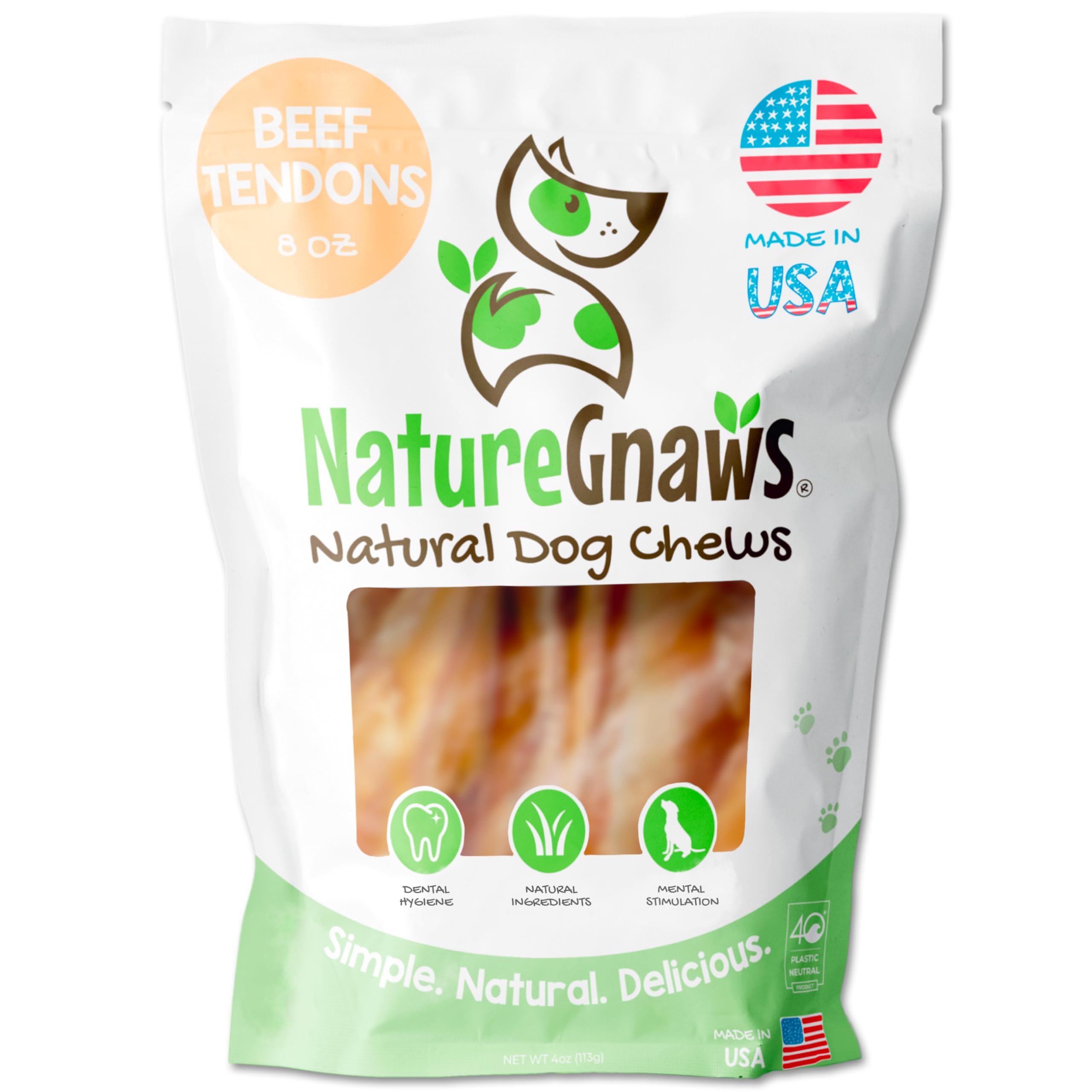 Nature Gnaws USA Beef Tendons for Dogs (8oz) - Mixed Thickness - Long Lasting for Aggressive Chewers - Premium Natural Beef Dog