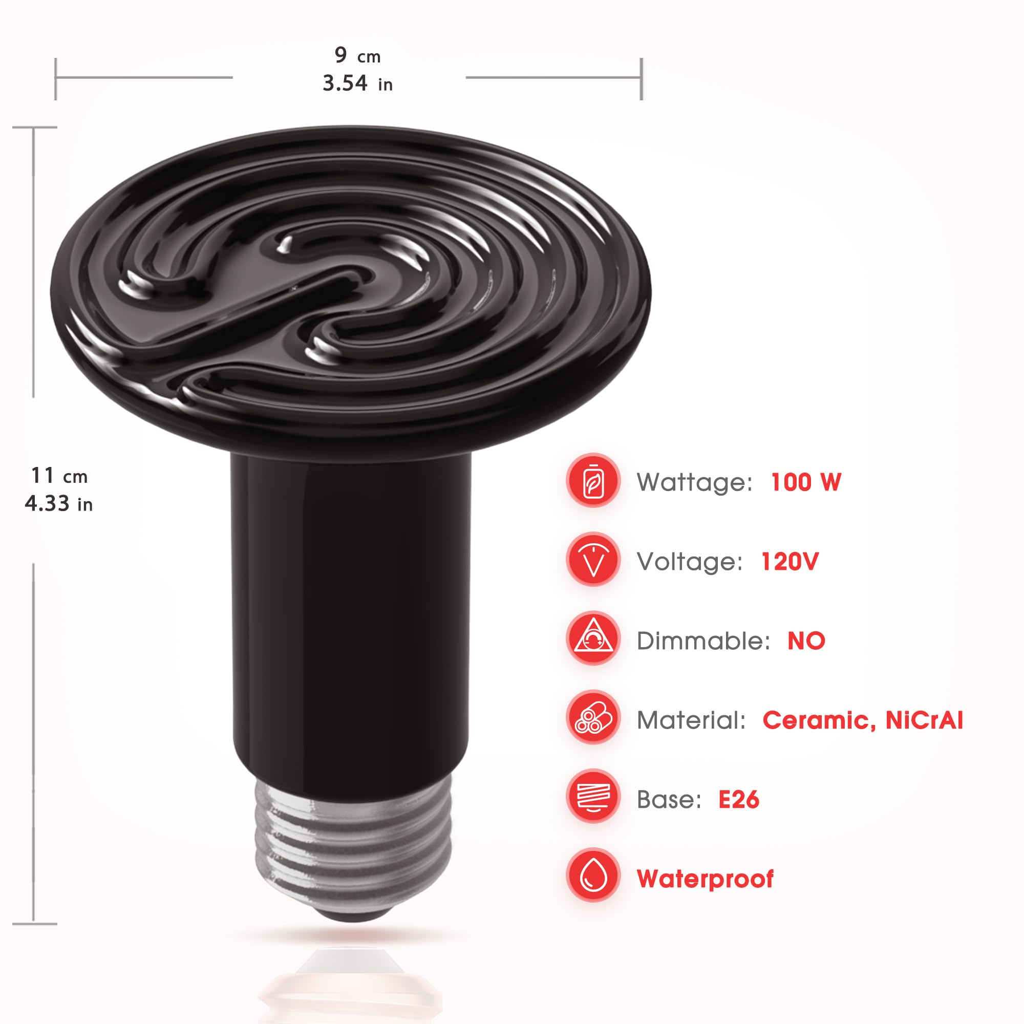 Ceramic Heat Emitter for Reptiles, 2 Pack 100W Heat Lamp Bulb, E26 Ceramic Reptile Heat Bulb Black, No Light Emitting Heat Lamp