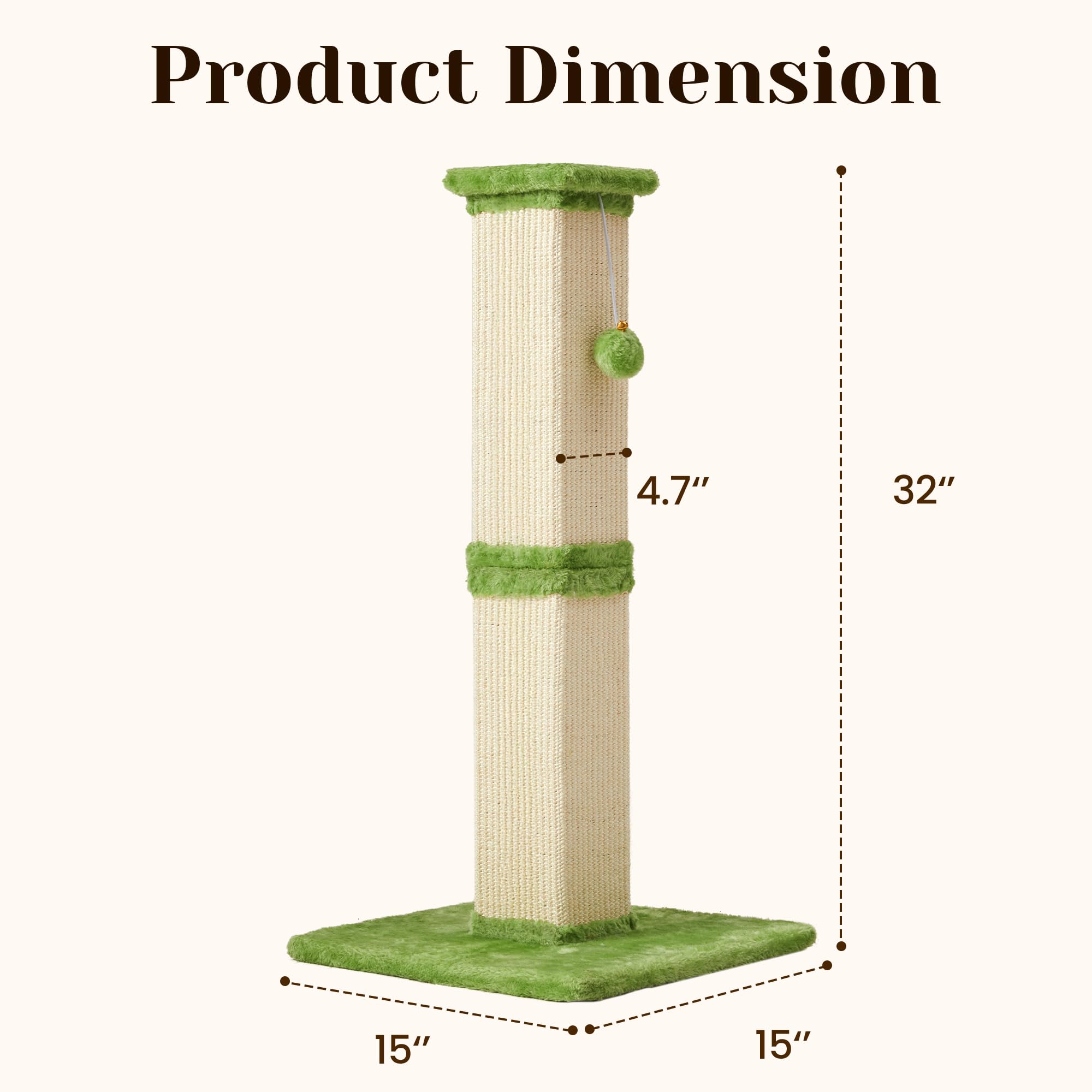 Fansafurn Cat Scratching Post with Hanging Toy Ball, 32-Inch Tall Sisal Cat Scratcher for Indoor Cats, Green