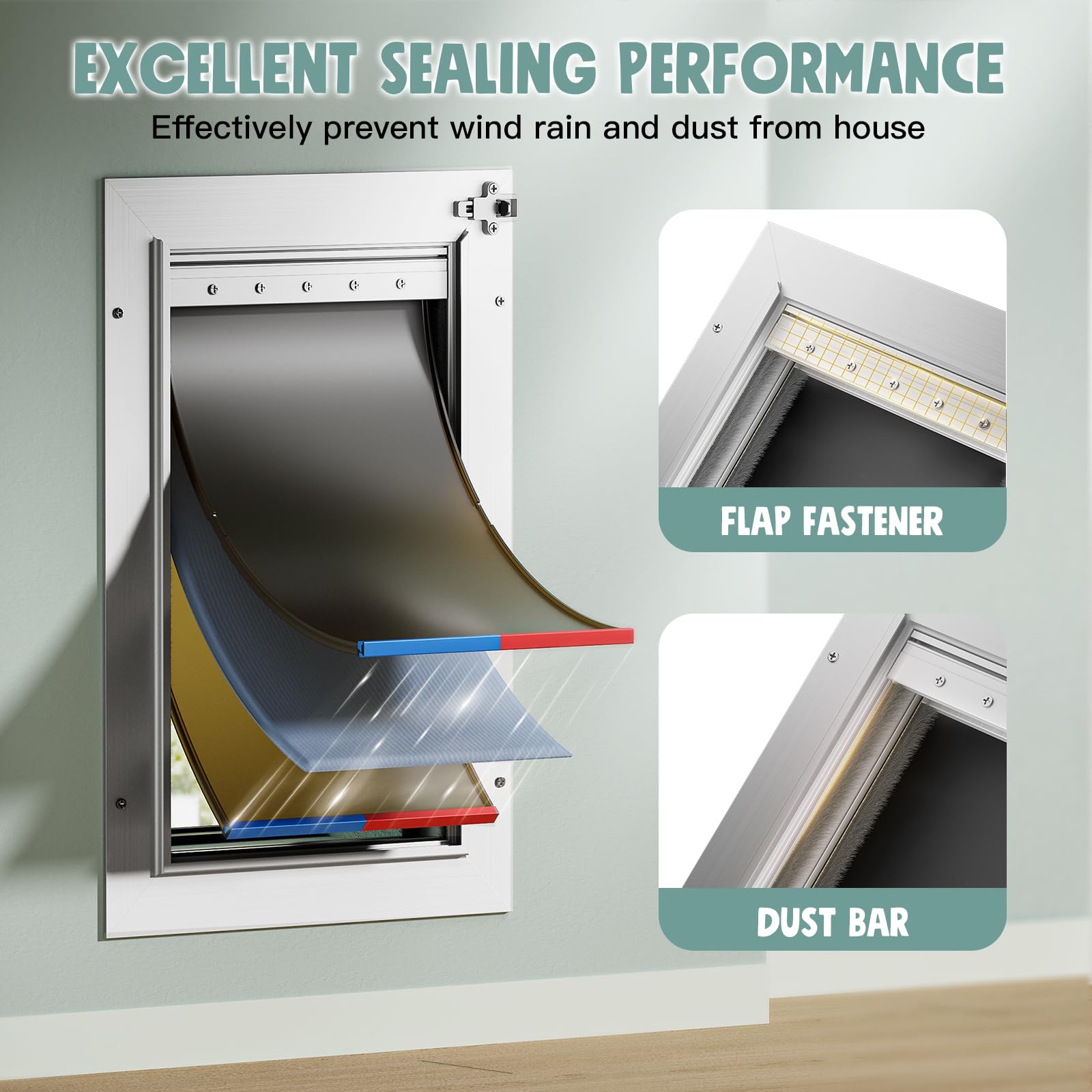PETCOMING 3-Flap Large Dog Door - All Aluminum, White, Wall Mount, 2 Locks, Insulation, Magnetic Flaps, Model FKLHJDD3, Up to 110 LB