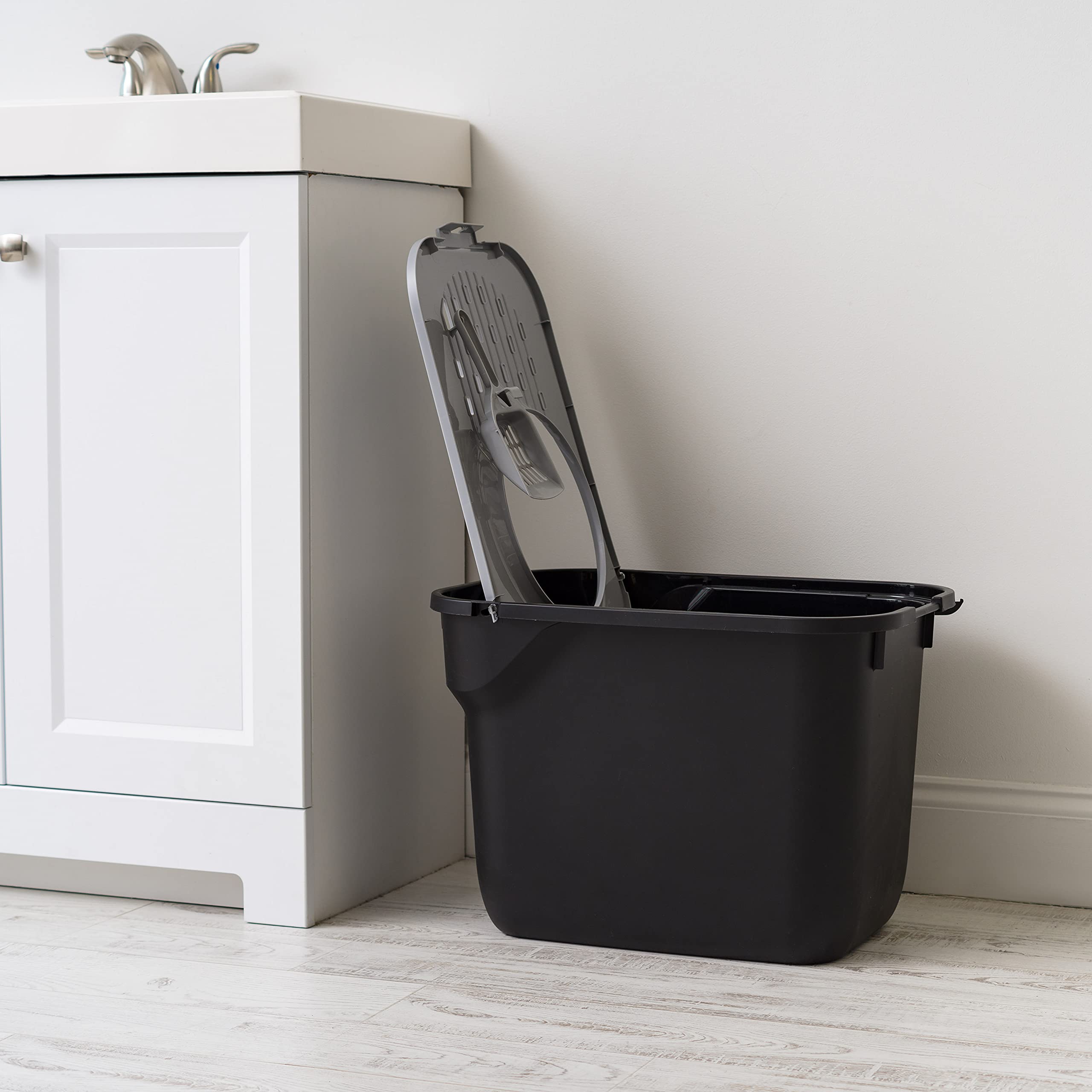 IRIS Square Top Entry Cat Litter Box - Large Plastic Tray with Litter Catching Lid, Black/Gray, Model 589653