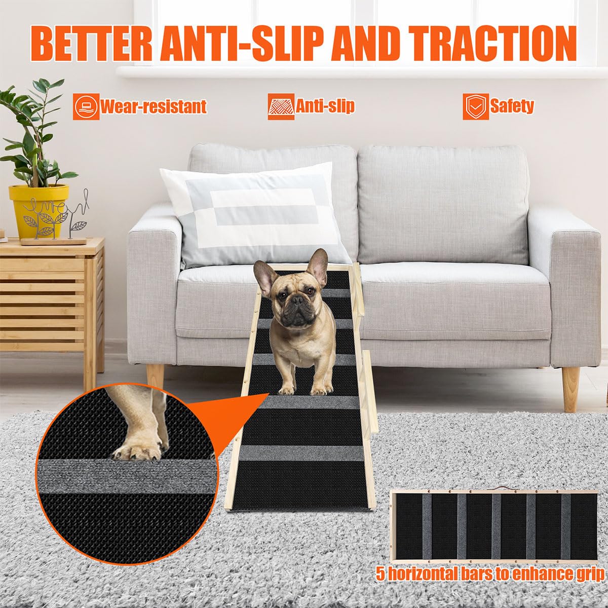 GaliGali Dog Ramp - Adjustable 43.3" Wooden Pet Ramp with Non-Slip Pad for Small Dogs & Cats - Grey, Model GGPTZHI-110