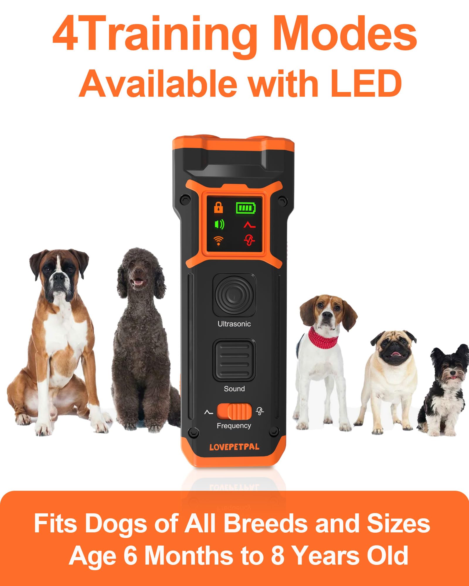 LOVEPETPAL Dog Training Bark Deterrent Device XP-20, Orange, Anti-Barking with HD Display & LED Flashlight, Ultrasonic Stopper