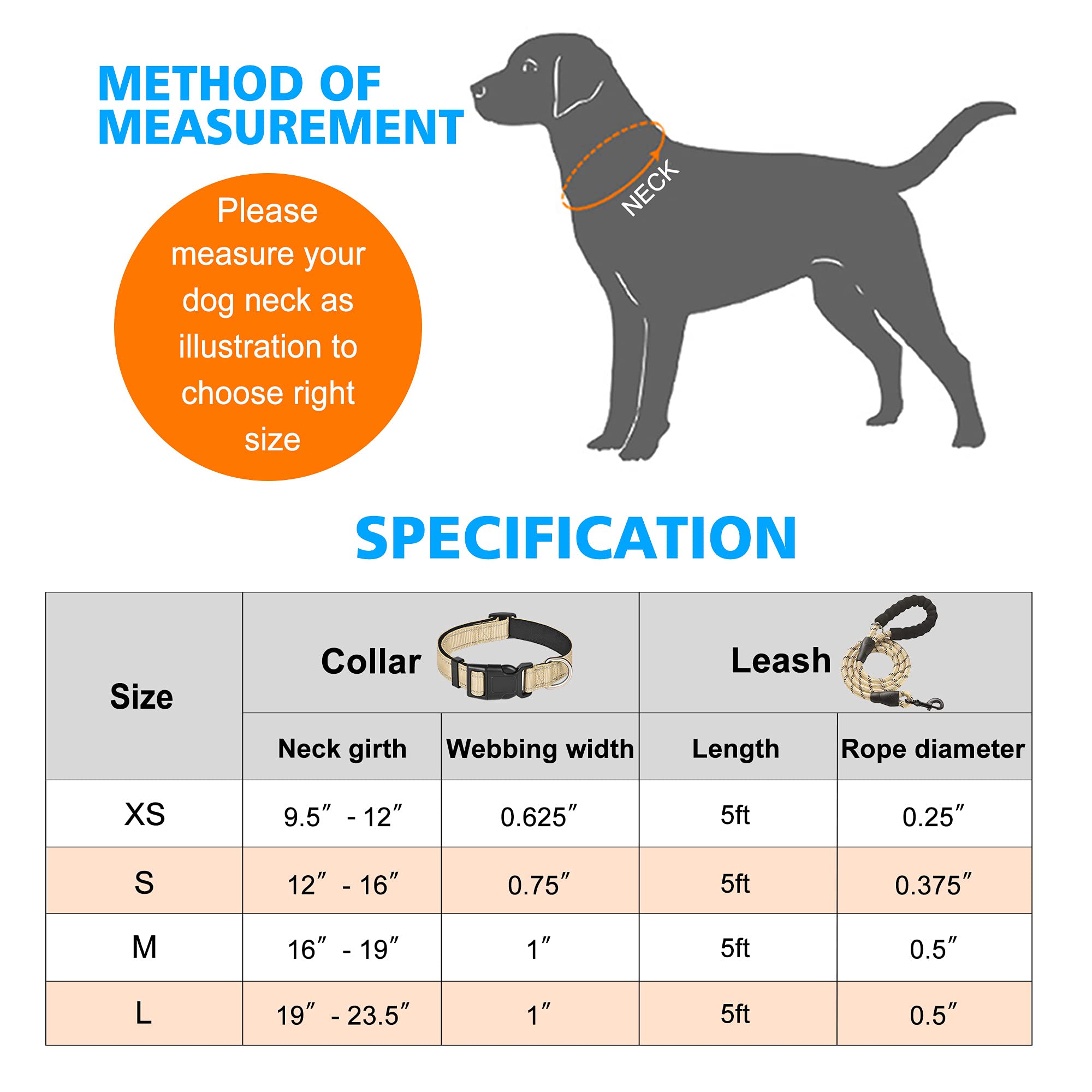 Ladoogo Reflective Dog Collar Padded With Soft Neoprene Breathable Adjustable Nylon Dog Collars For Small Medium Large Dogs (X-Small (Pack Of 1), Vanilla Collar+Leash)