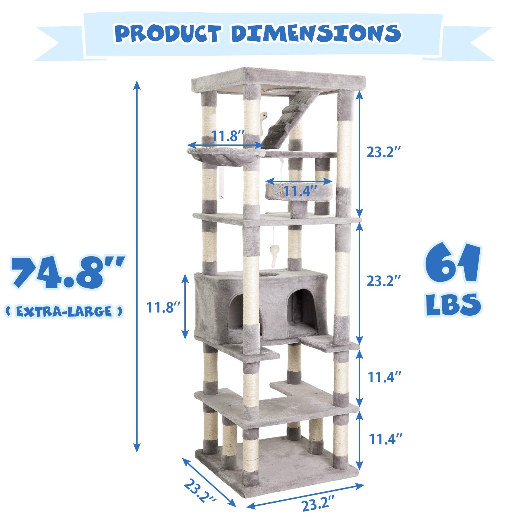 MWPO Large Cat Tree - Tall Cat Tower with Scratching Posts & Condo, Light Gray, Model US-63-EAA, Ideal Playground for Cats & Kittens