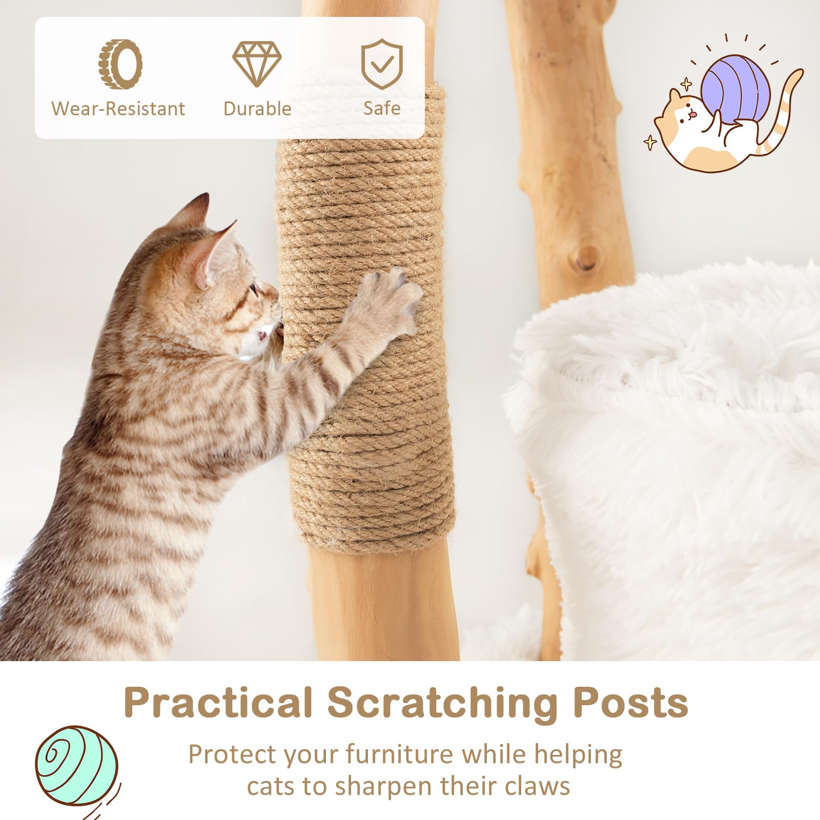 Petsite 49 Inch Cat Tree For Indoor Cats, Solid Wood Modern Multi-Level Cat Tower With Scratching Posts, Top Cattail Basket Cat Bed, Side Perch, Large Platform, And Cat Condo, Cute White Cat Tree