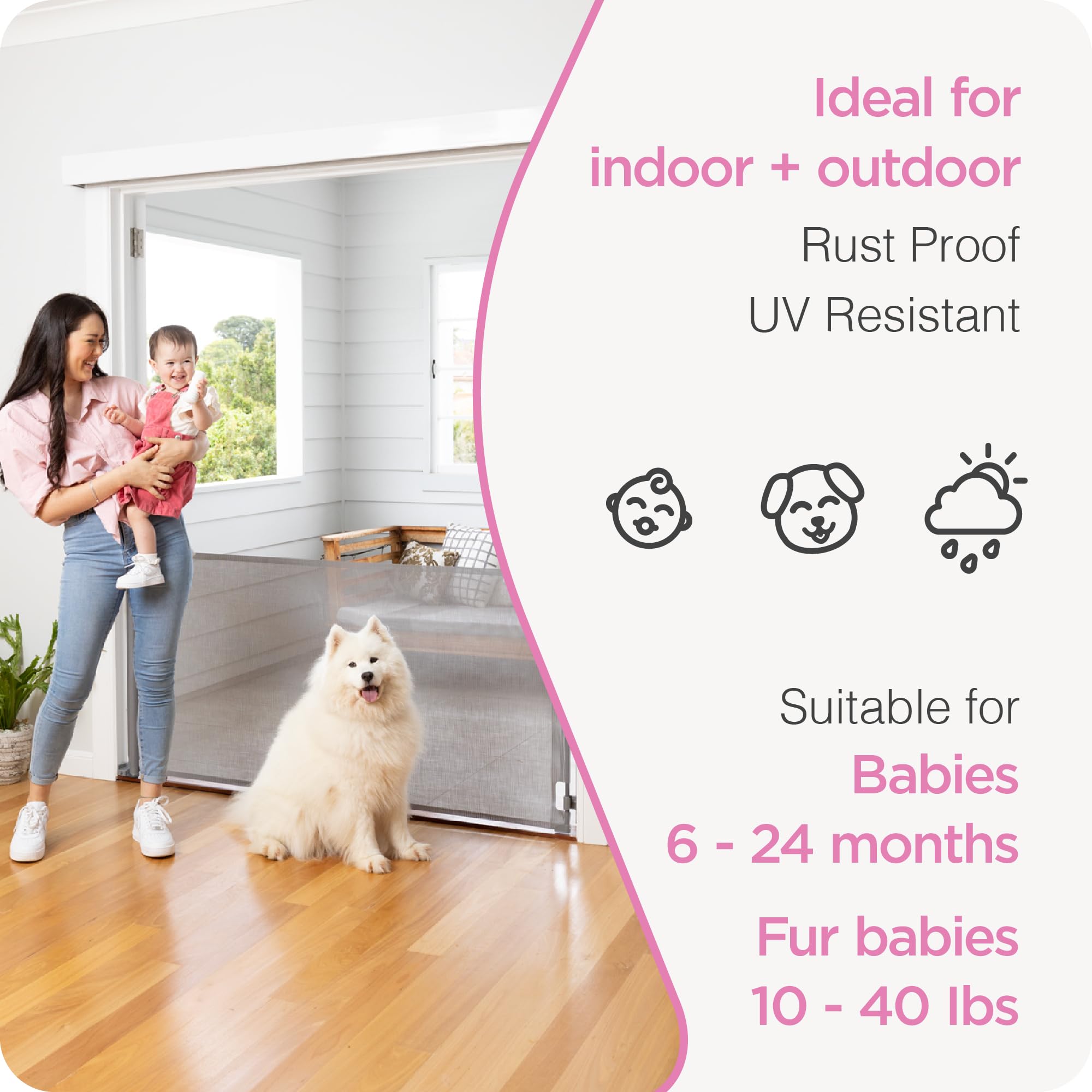 Retractable Baby Gate Perma Child Safety 33' Tall X 71” Wide, Mesh, For Stairs, Doorways, Dogs, Pets, Indoor, Outdoor, One-Handed Operation, Locking, Easy Install, Hardware Mount, Gray