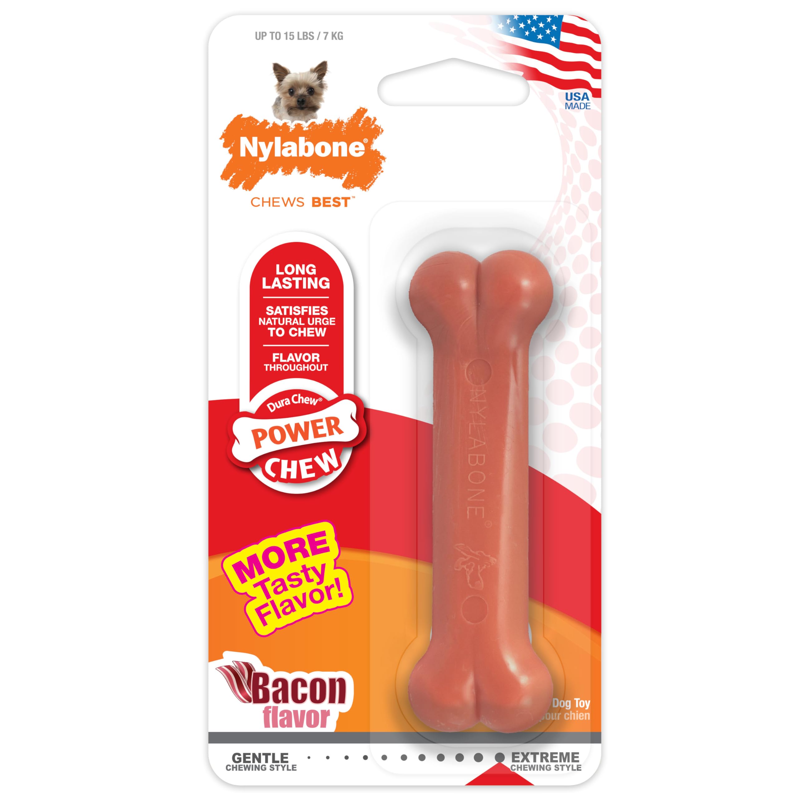 Nylabone Power Chew Classic Bone Chew Toy For Dogs, Durable Dog Toys For Aggressive Chewers, Bacon Flavor, X-Small/Petite - Up To 15 Lbs. (1 Count)