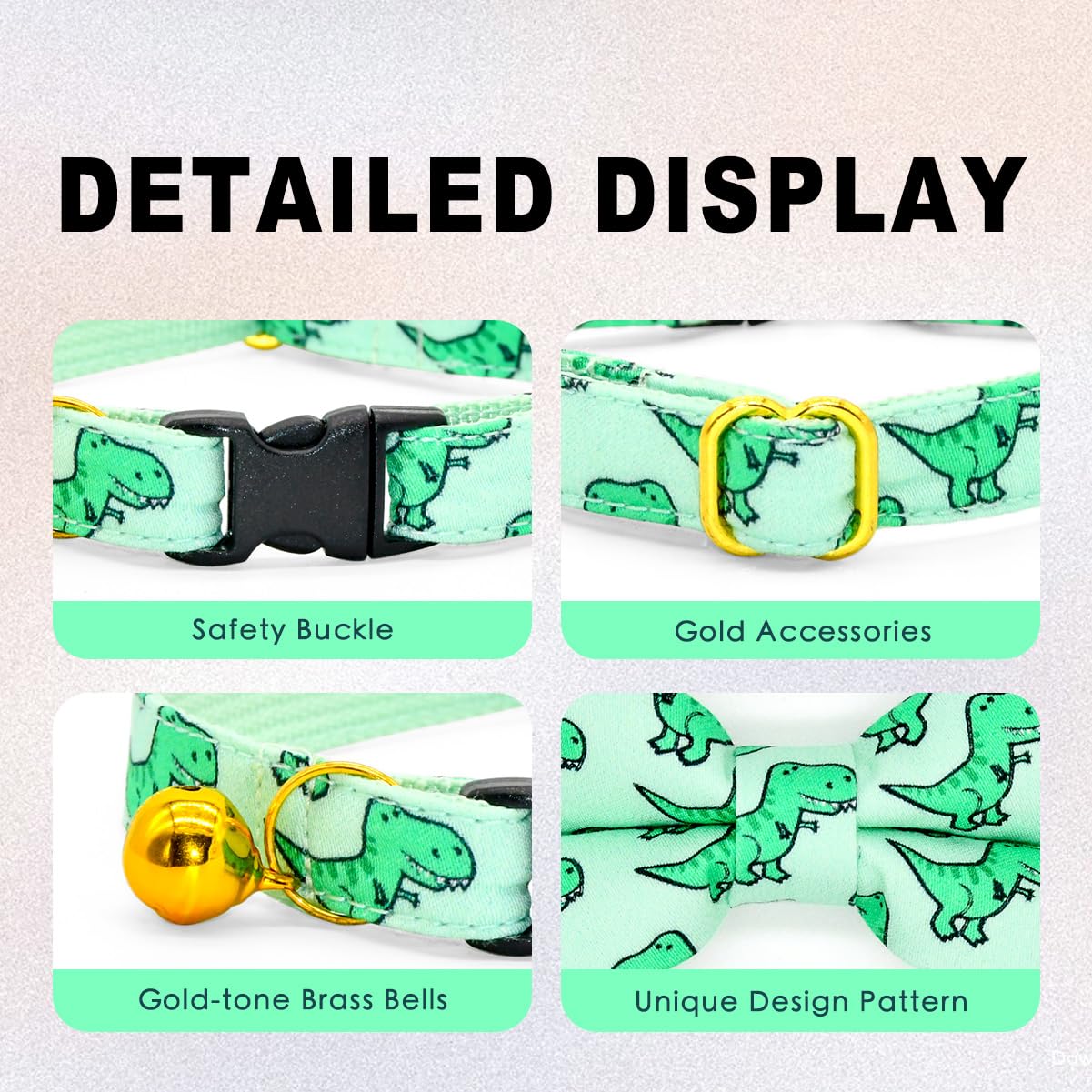 Cat Bow Collar, Green Dinosaur Pattern, Quick Release Safety Buckle, (6 - 10)