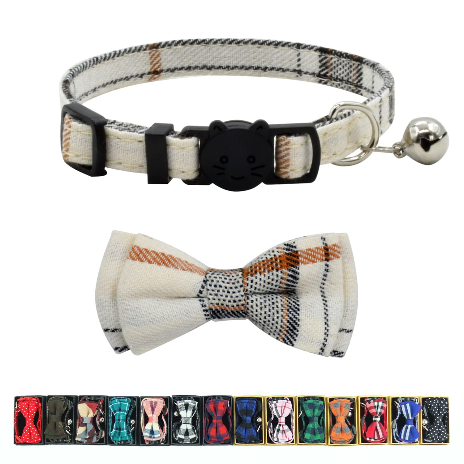 Cat Collar Breakaway With Bell And Bow Tie, Plaid Design Adjustable Safety Kitty Kitten Collars(6.8-10.8In)(White Plaid)