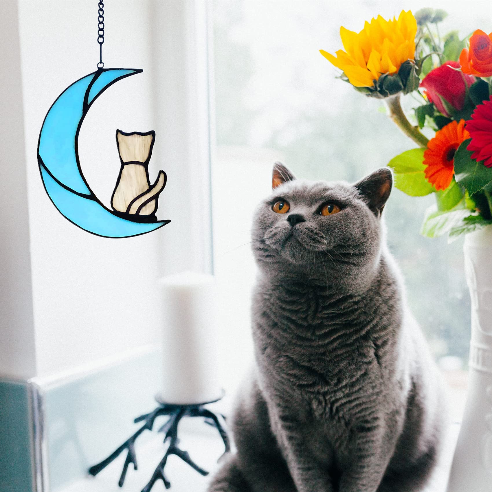 Lcensp Grey Tabby Cat Decor On Blue Moon Stained Glass Window Hanging - Memorial Gift For Cat Lovers, Suncatcher Pet Ornament