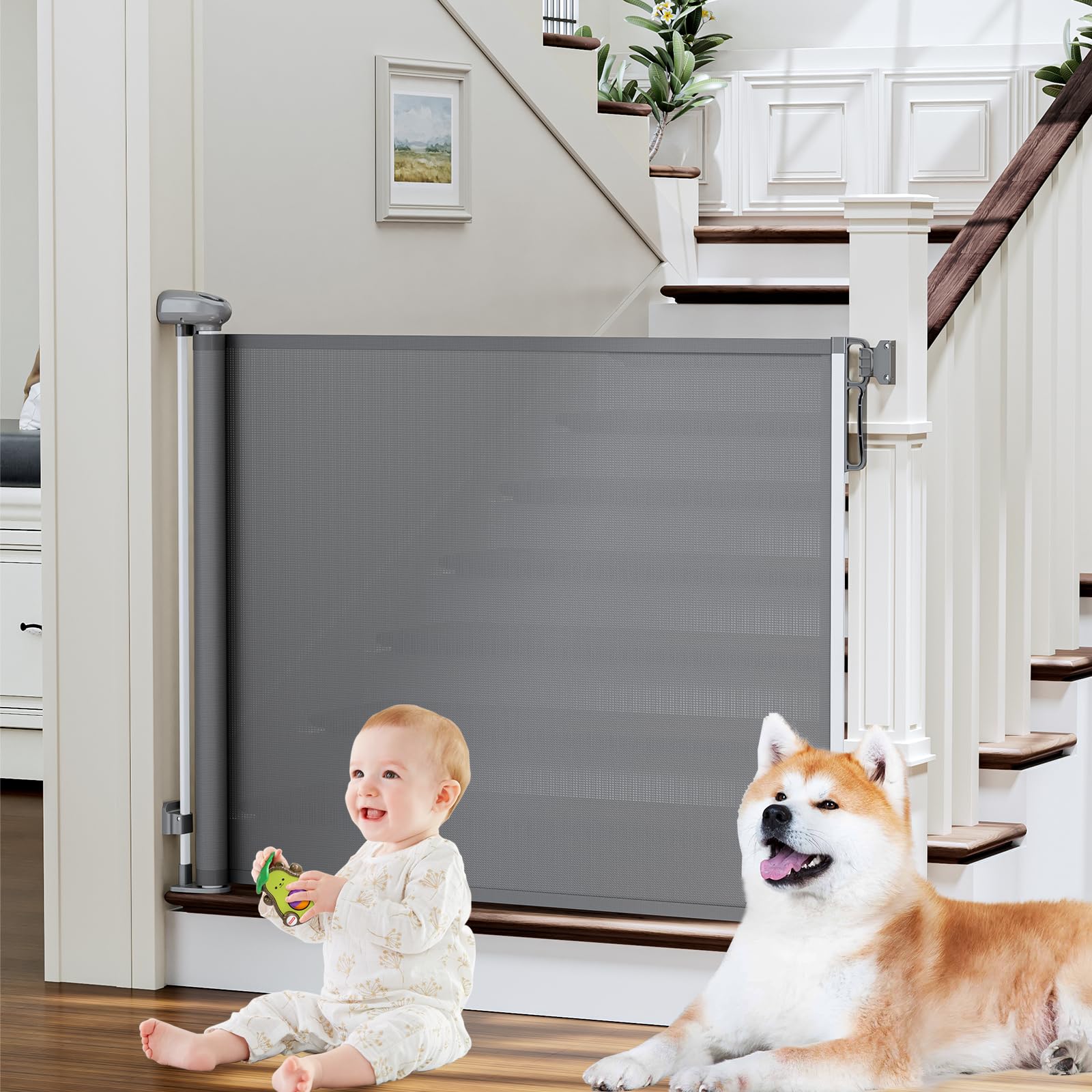 Retractable Baby Gates For Stairs, Probebi Retractable Dog Gate Indoor Extends To 54' Wide 34' Tall, Child Gates For Doorways, Stair Gate Use For Outdoor, Hallways, Doorways, Deck, Porch