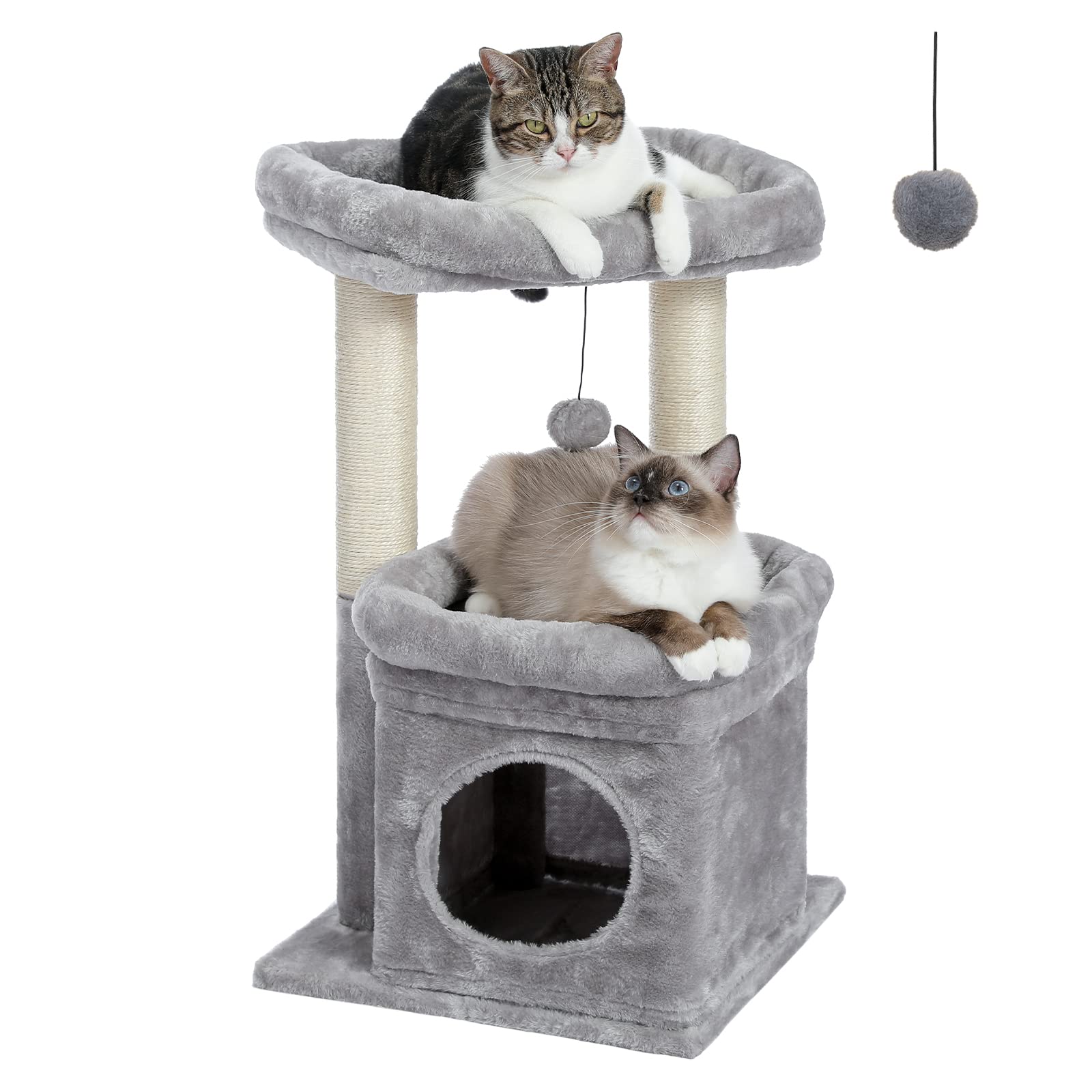 Pequlti Cat Tree Tower For Indoor Cats With Private Cozy Cat Condo, Natural Sisal Scratching Posts And Plush Pom-Pom For Small Cats
