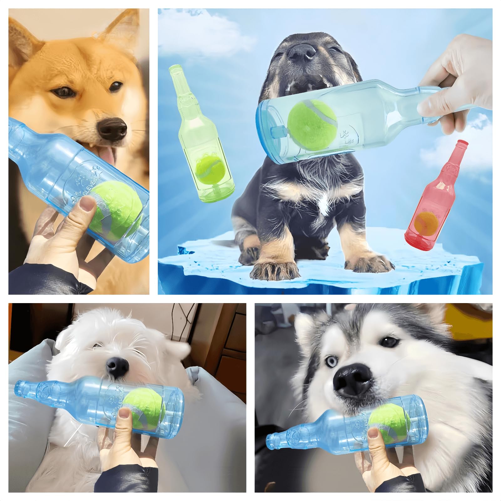 Cute Tough Dog Toy Rubber Bottle Squeaky Dogs Chew Toy Long Lasting Interactive Fetch Toy For Teething Tennis Ball Included (Gre