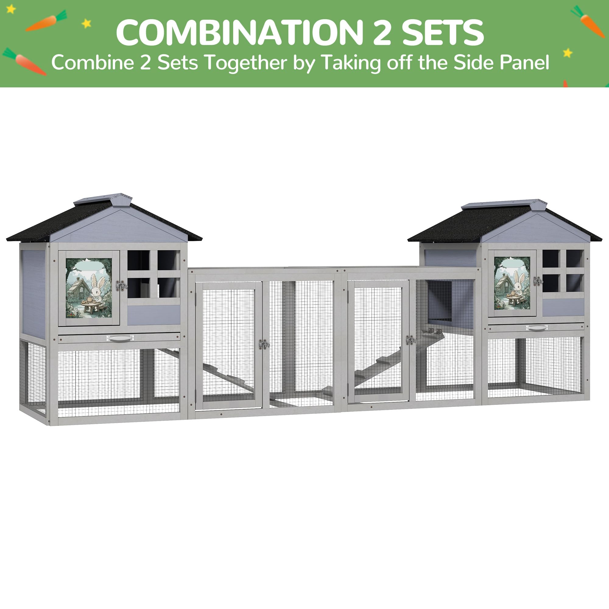 48'' L Rabbit Cage Bunny Hutch Outdoor Indoor, Expandable 2-Story Large Wooden Small Animal Cage With Run, Removale Tray, Top-Op