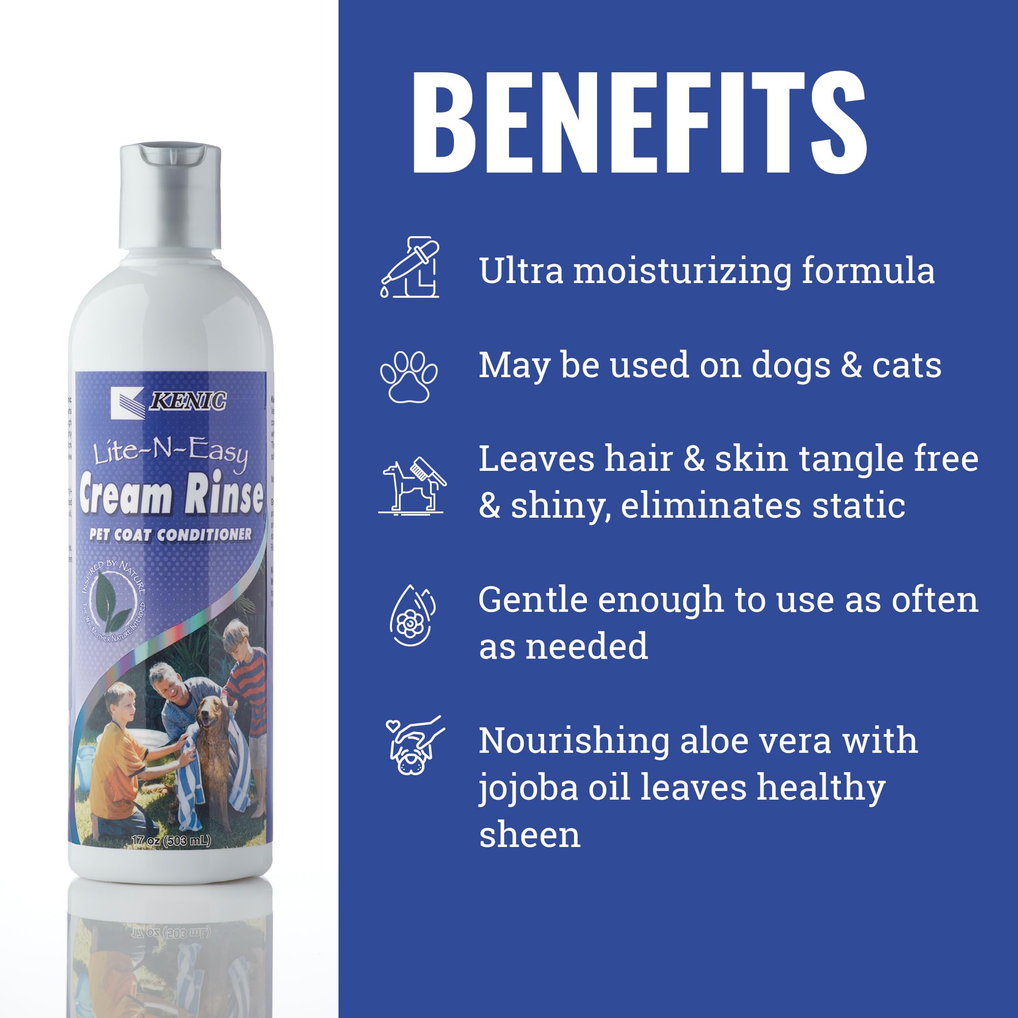 Kenic Lite-N-Easy Detangling Pet Cream Rinse - Anti-Tangle Conditioning for Dogs, Cats, Rabbits & Ferrets, Softening Shine Formu