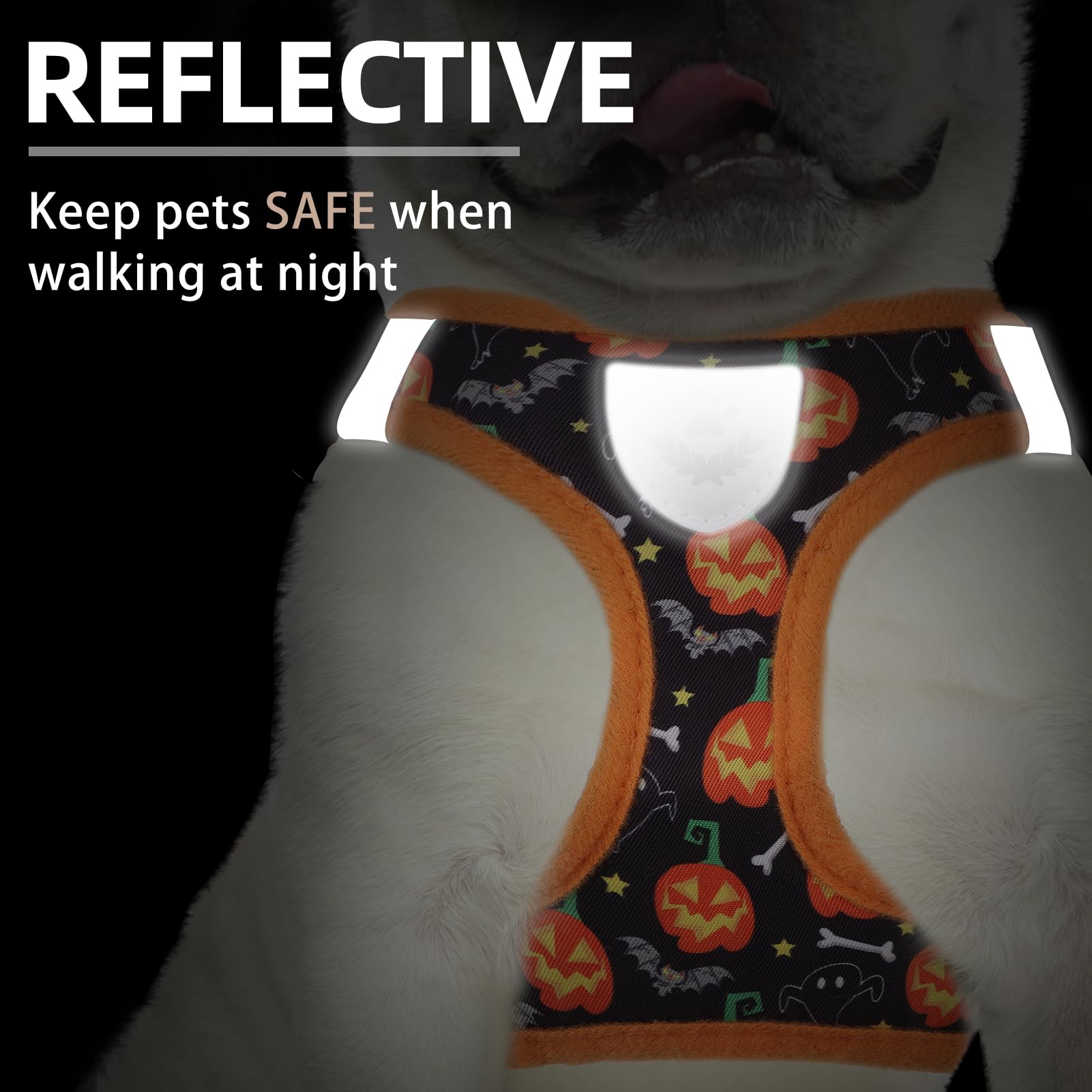 Pupteck Adjustable Dog Harness Collar And Leash Set Step In No Pull Pet Harness For Small Medium Dogs Puppy And Cats Outdoor Walking Running, Soft Mesh Padded Reflective Vest Harnesses, Halloween, M