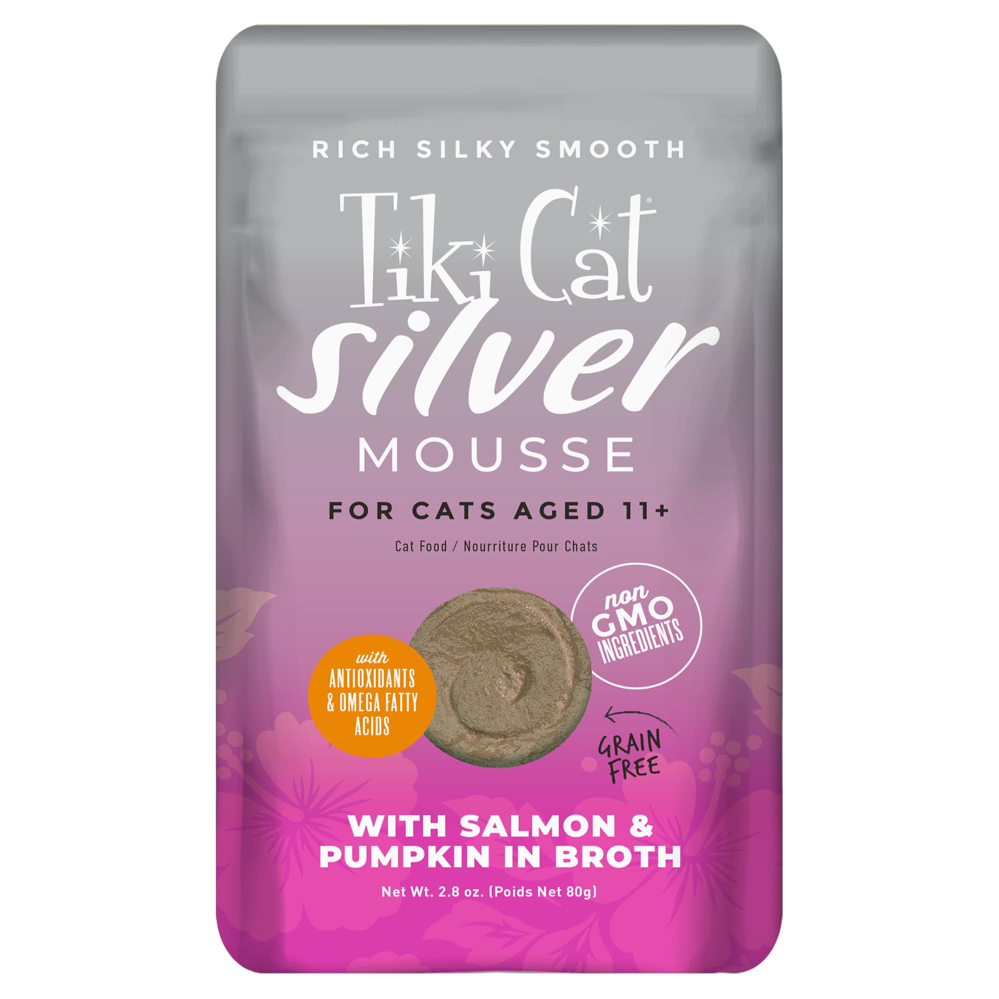 Tiki Cat Silver Mousse, with Salmon & Pumpkin in Broth, Silky Smooth Nutrient Rich Formulated for Older Cats Aged 11+, 2.9 oz. P