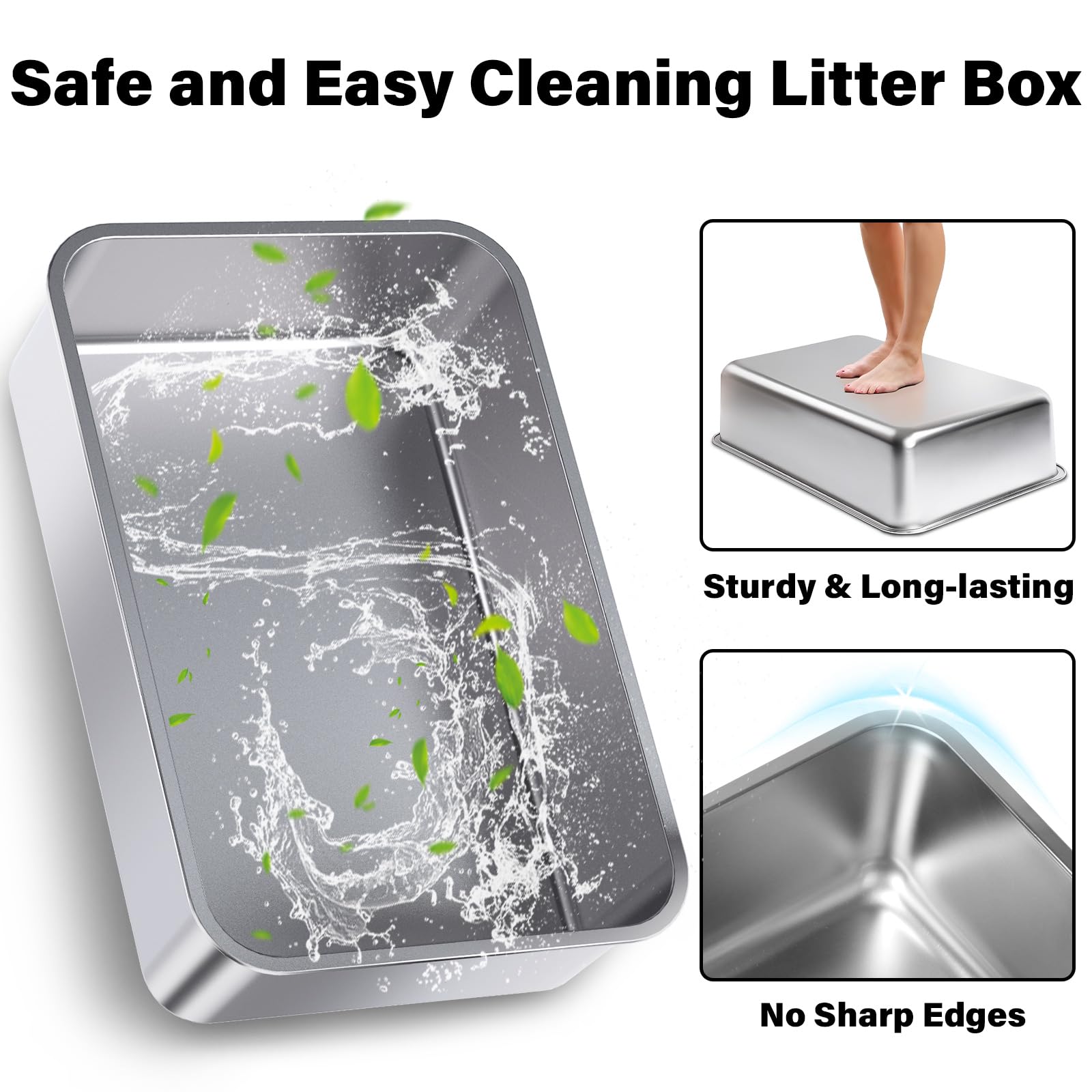 Futam Stainless Steel Litter Box With Lid, Xl Metal Litter Box With Scooper, Anti-Urine Leakage Litterbox High Sides For Big Kit