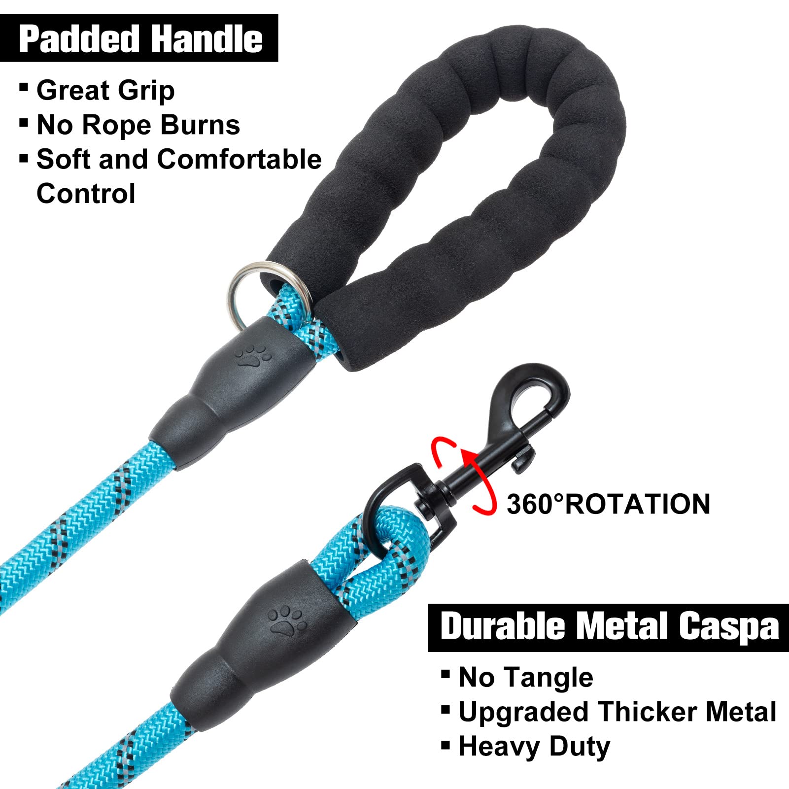 Beautyzoo Heavy Duty Rope Dog Leash 6 Pack, 6Ft Nylon Pet Leash With Reflective Thread, Soft Padded Handle Thick Lead Leash For