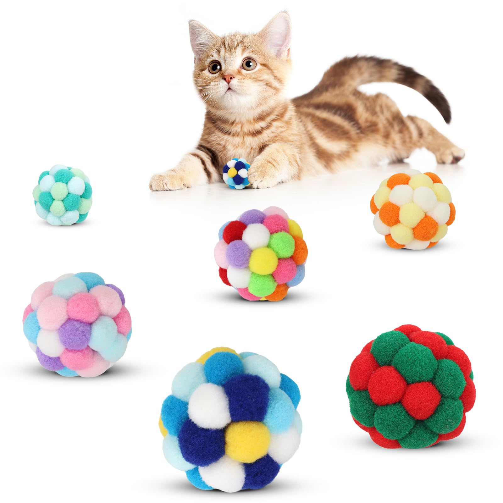 Tusatiy  Interactive Cat Ball, 6 Plush Balls With Bells, PomPom Balls For Kittens To Entertain, Colorful Chew Toys For Indoor 