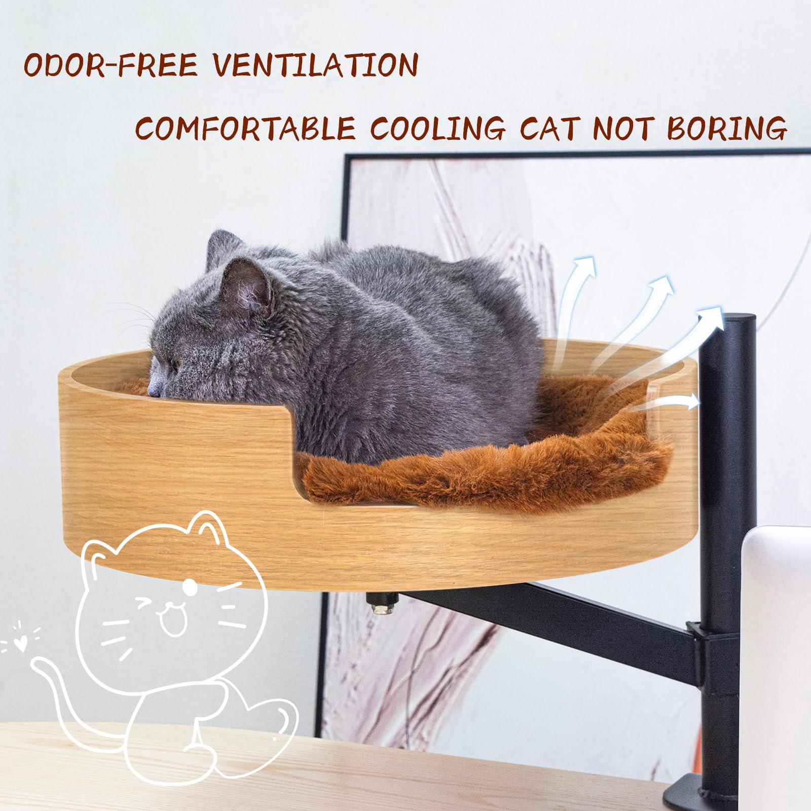 Zbuq Cat Bed Desk With Pet Mat, Cat Hammock For Desk, Cat Bed Desk With Wooden Bowl, 360 Rotation And Adjustable Height, Brown