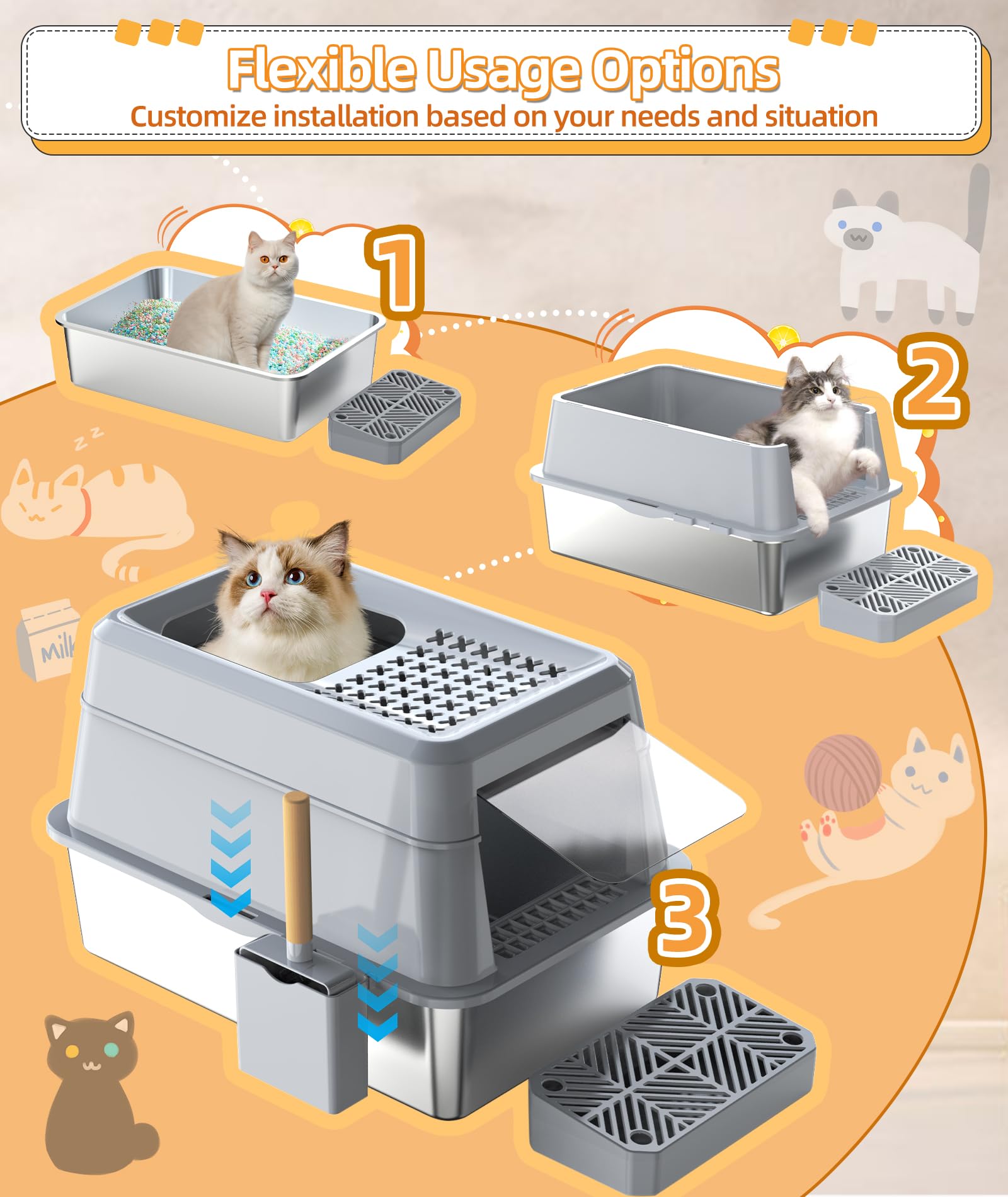 Epn Stainless Steel Cat Litter Box With Lip, Xxl Extra Large Enclosed Removable Metal Litter Box For Big Cats, High Sided Enclos