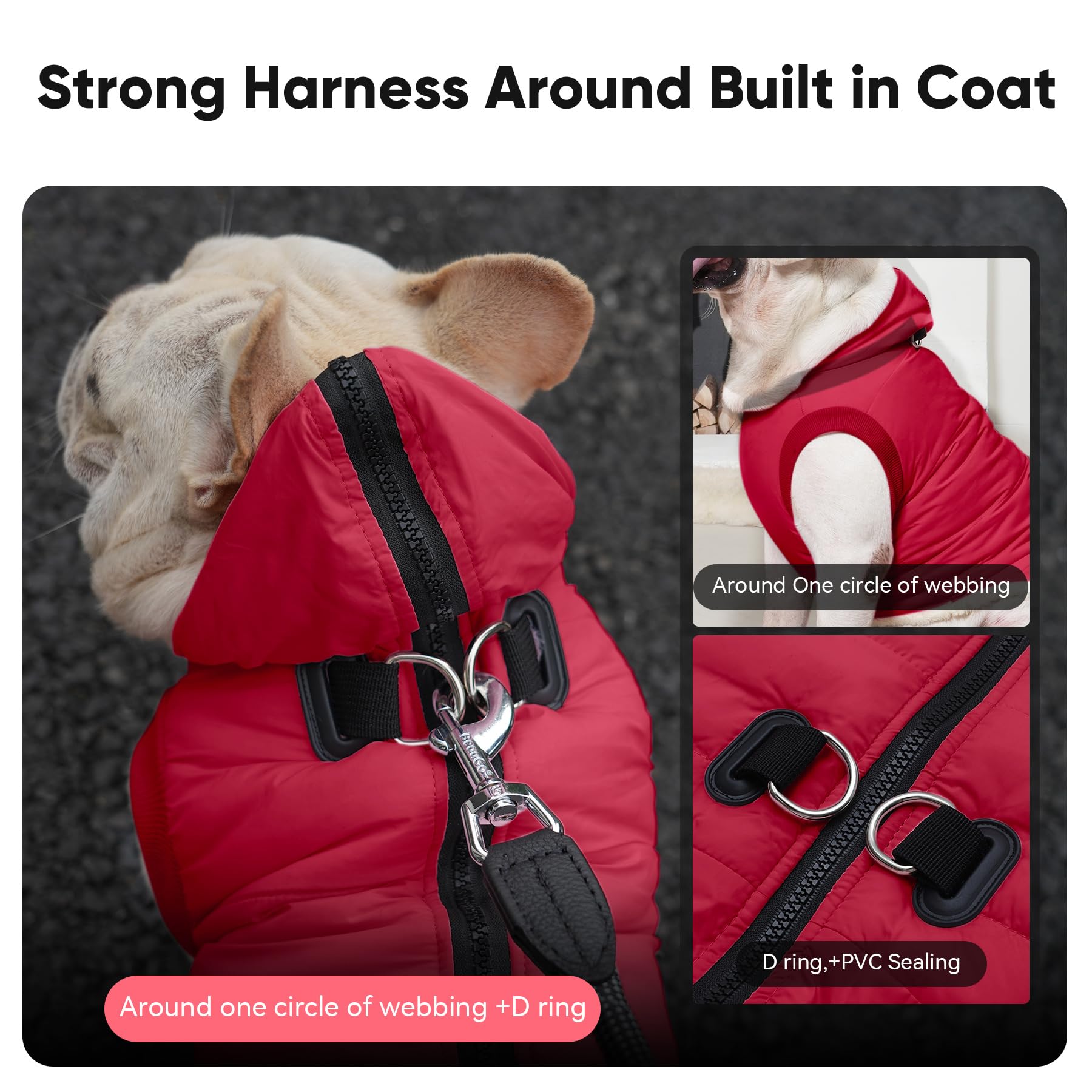 Vecomfy Fleece Lining Dog Hoodie With Harness Built In,Extra Warm Large Dog Jacket In Winter Doggie Coats With Hooded,Red Xxl