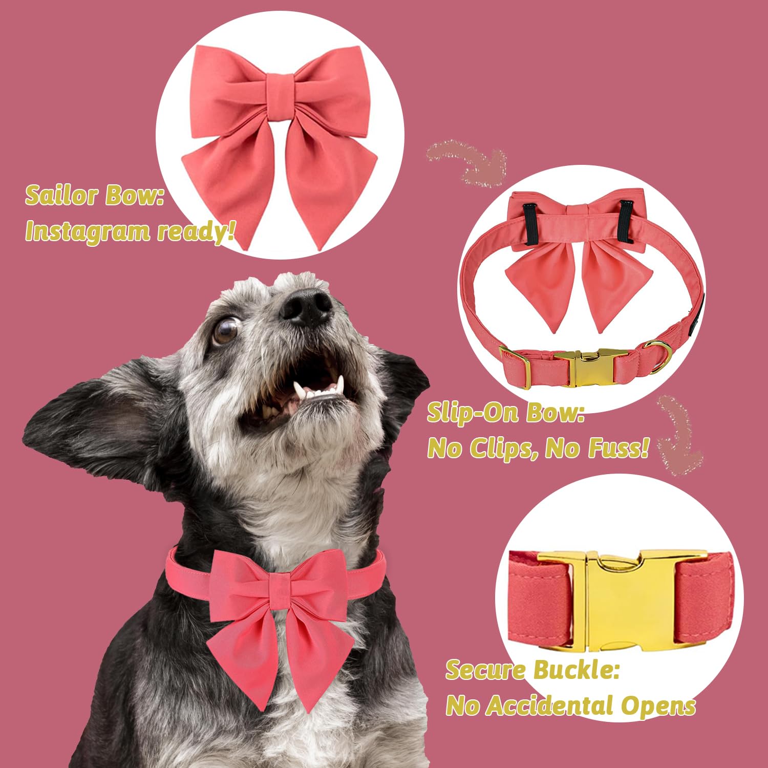 Maca Bates Dog Collar With Bow- Bow For Dog, 12 Solid Colors Sailor Bow Tie Adjustable Collar For Small Medium Large Dog With Go