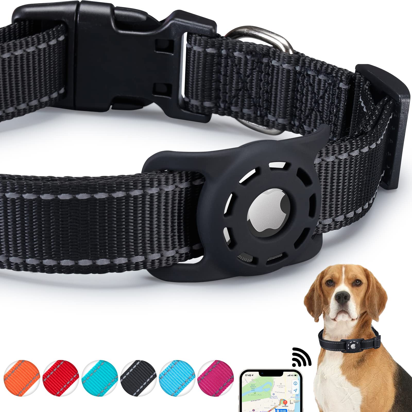 Konity Reflective Airtag Dog Collar, Compatible With Apple Airtag 2021, Nylon Pet Cat Puppy Collar With Silicone Airtag Holder For Small, Medium, Large, And Extra Large Dogs