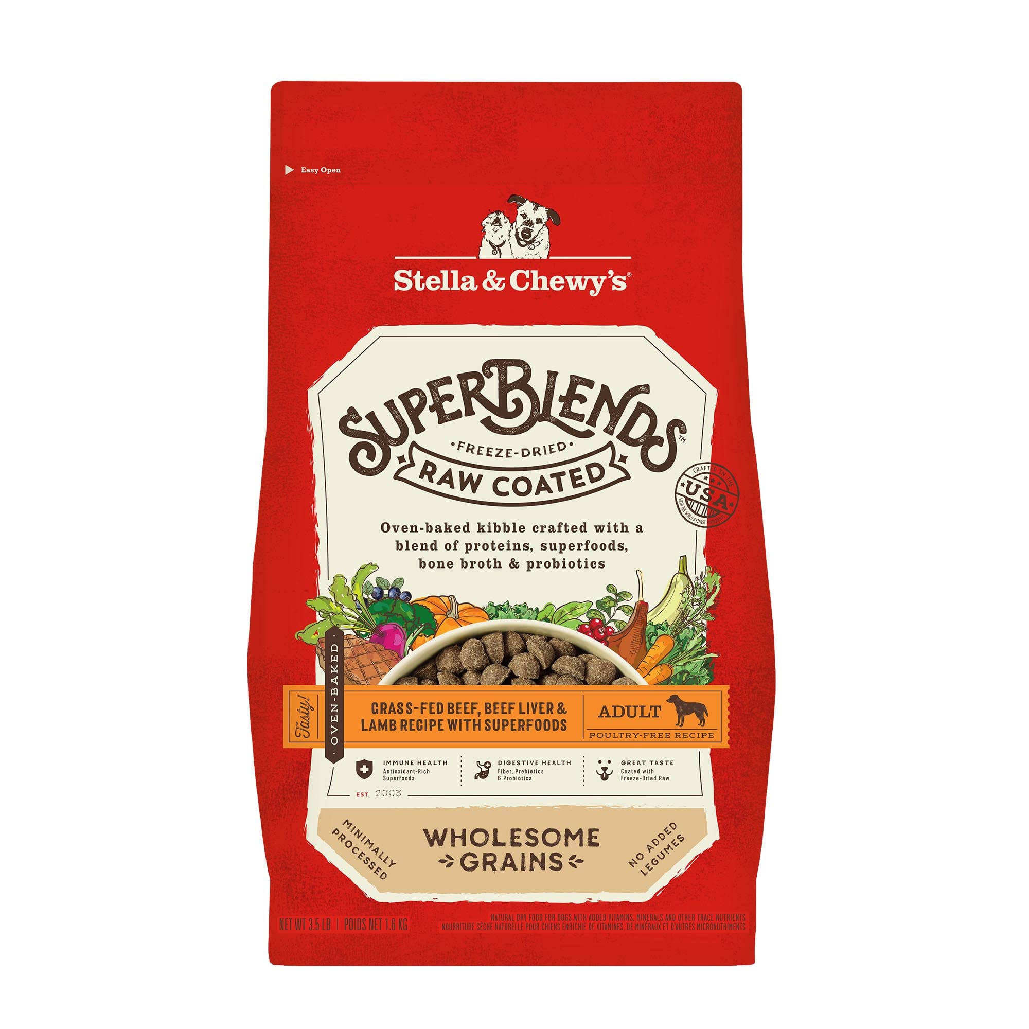 Stella & Chewys SuperBlends Raw Coated Wholesome Grains Grass-Fed Beef, Beef Liver & Lamb Recipe with Superfoods, 3.5 lb. Bag