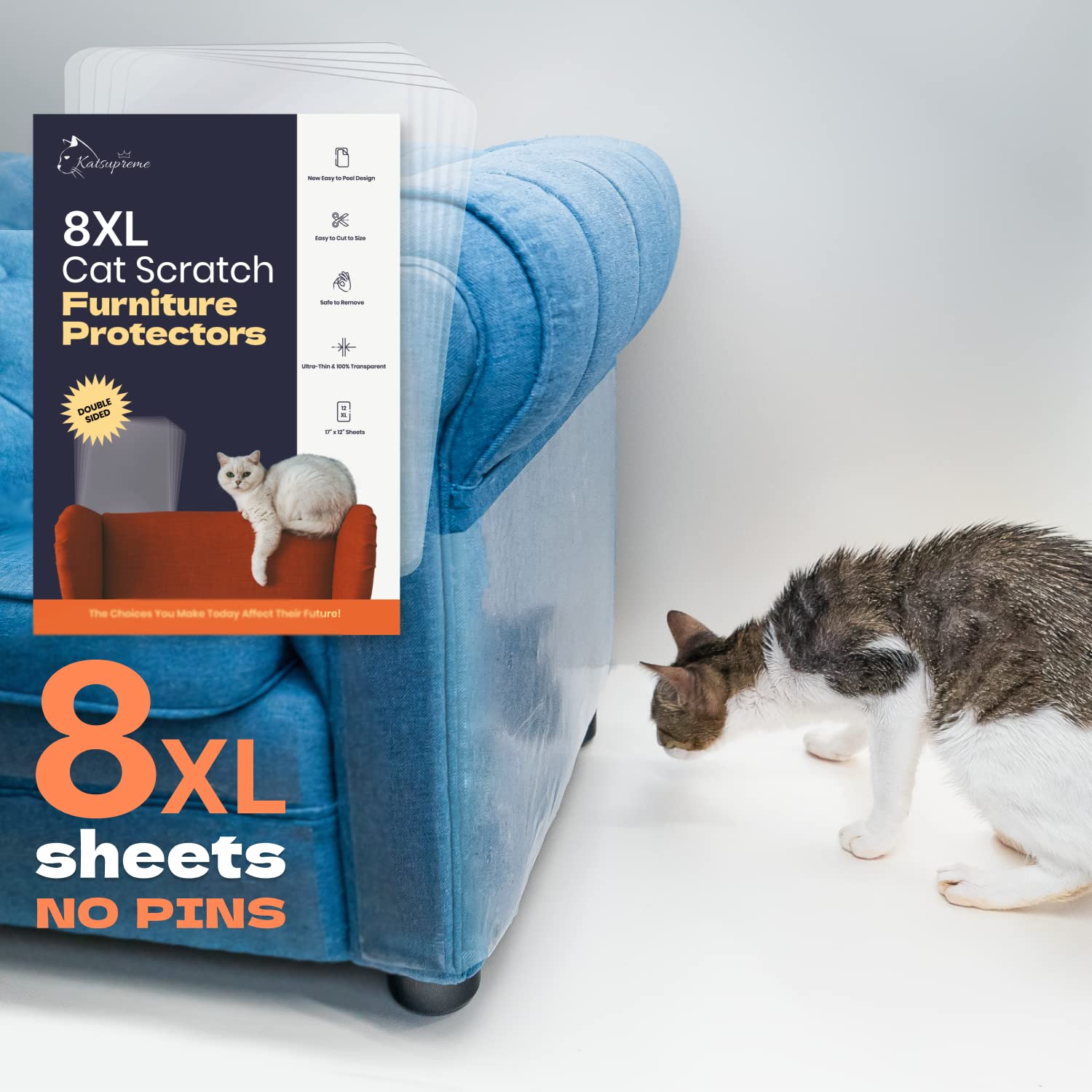 Katsupreme Cat Scratch Couch Protector - 8Xl Sheets, Clear (Almost Invisible), Extra Durable, Easy To Customize, Residue-Free Fu