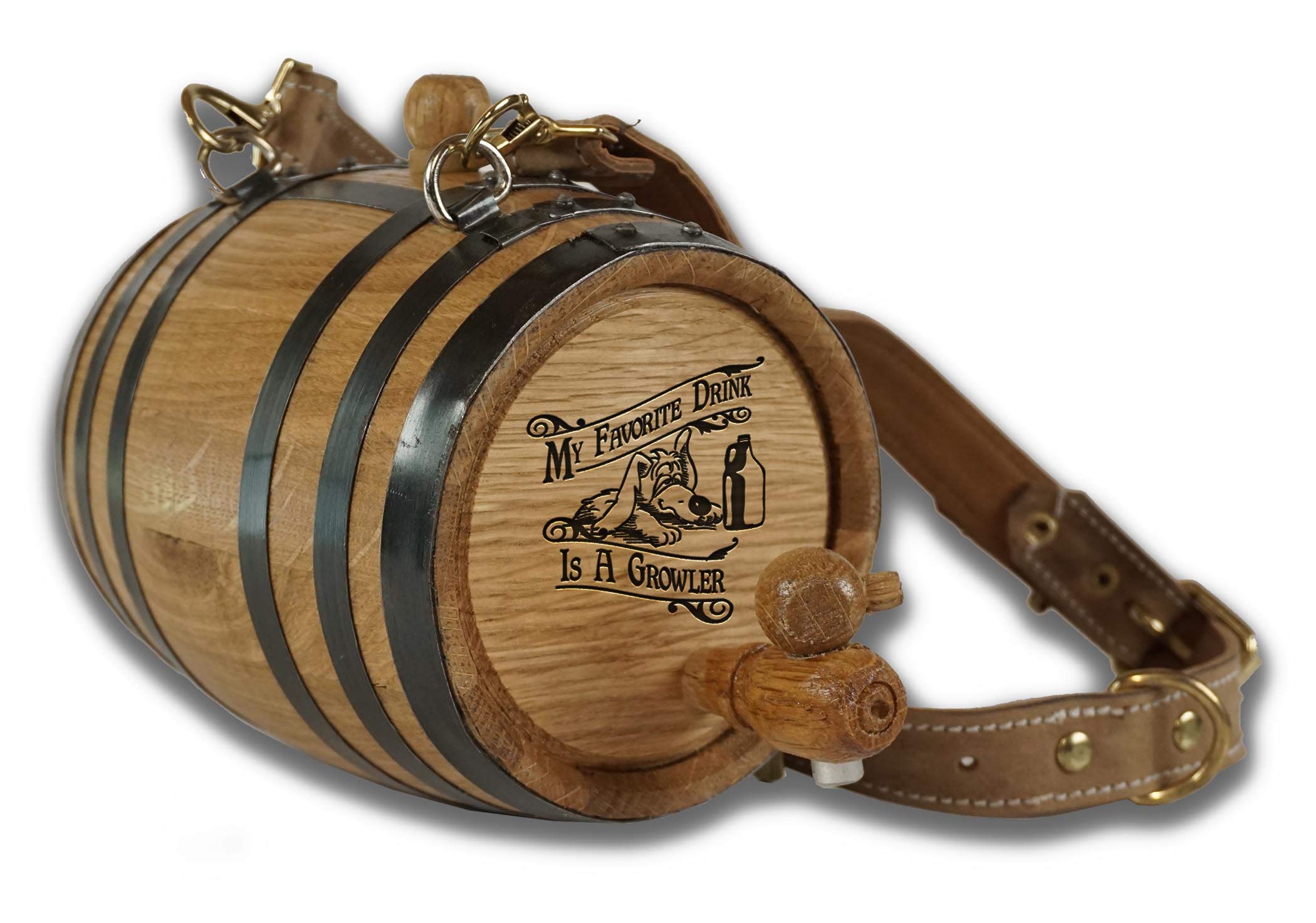 St Bernard Whiskey Barrel Collar For Dog, 'Favourite Drink Is A Growler' - 1/2 Liter Oak Aging Barrel Dispenser For Saint Bernar