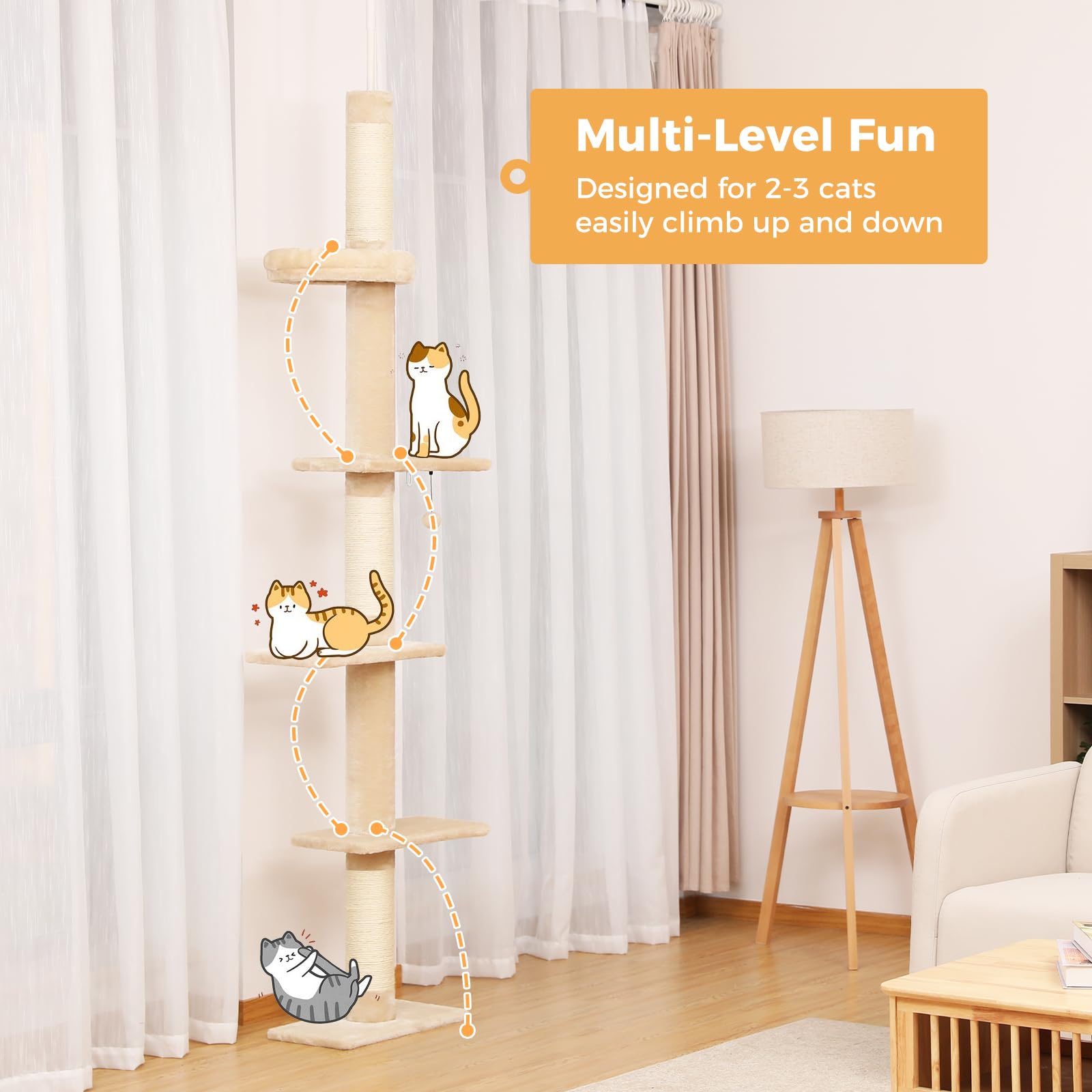 PETEPELA Cat Tree 5-Tier Adjustable Tower (95-108") - Beige Plush Activity Center with Scratching Post & Cozy Bed