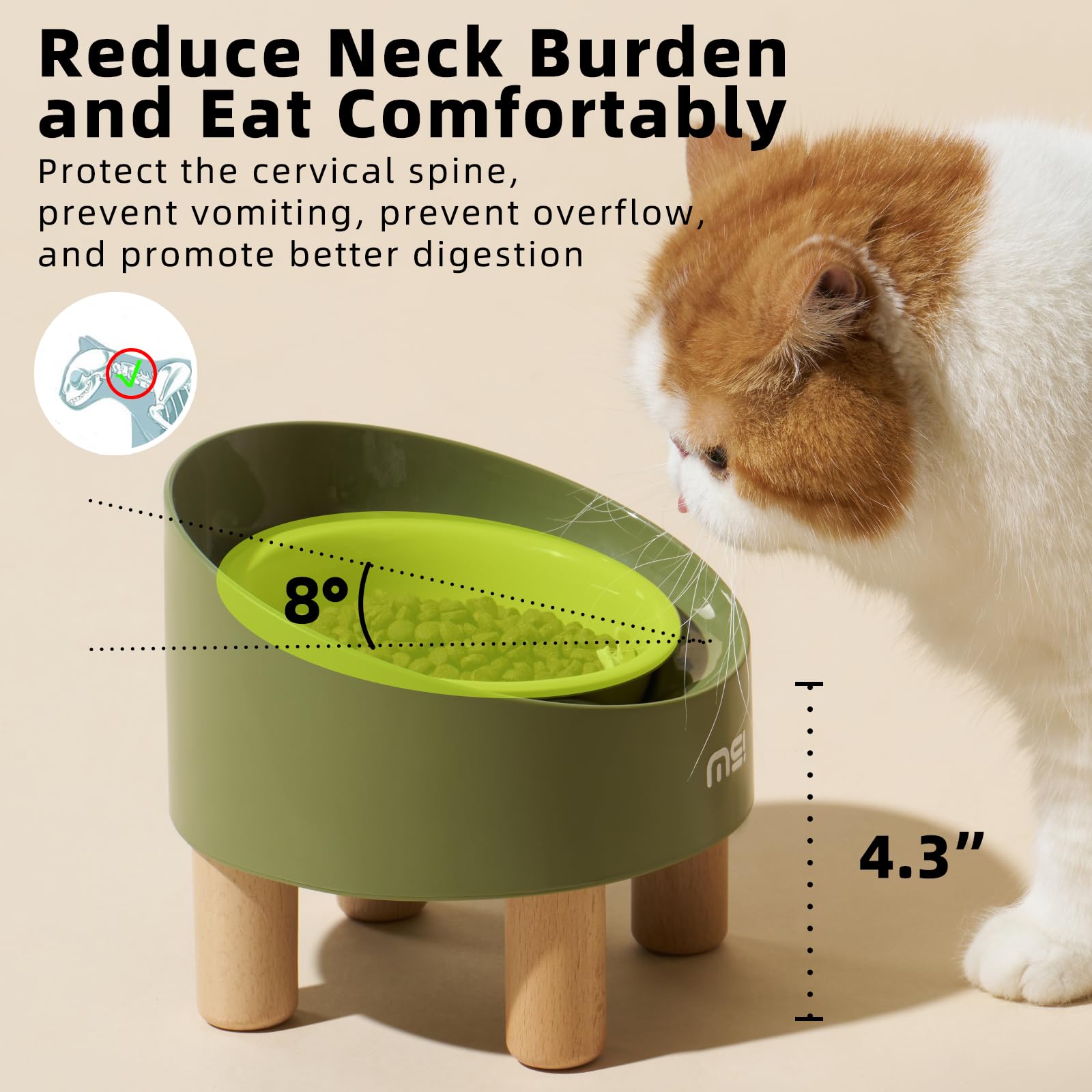 MS!MAKE SURE Ceramic Elevated Cat Bowls with Wooden Stand, Adjustable Raised Pet Bowls for Small Dogs & Cats, Anti - Slip Rubber
