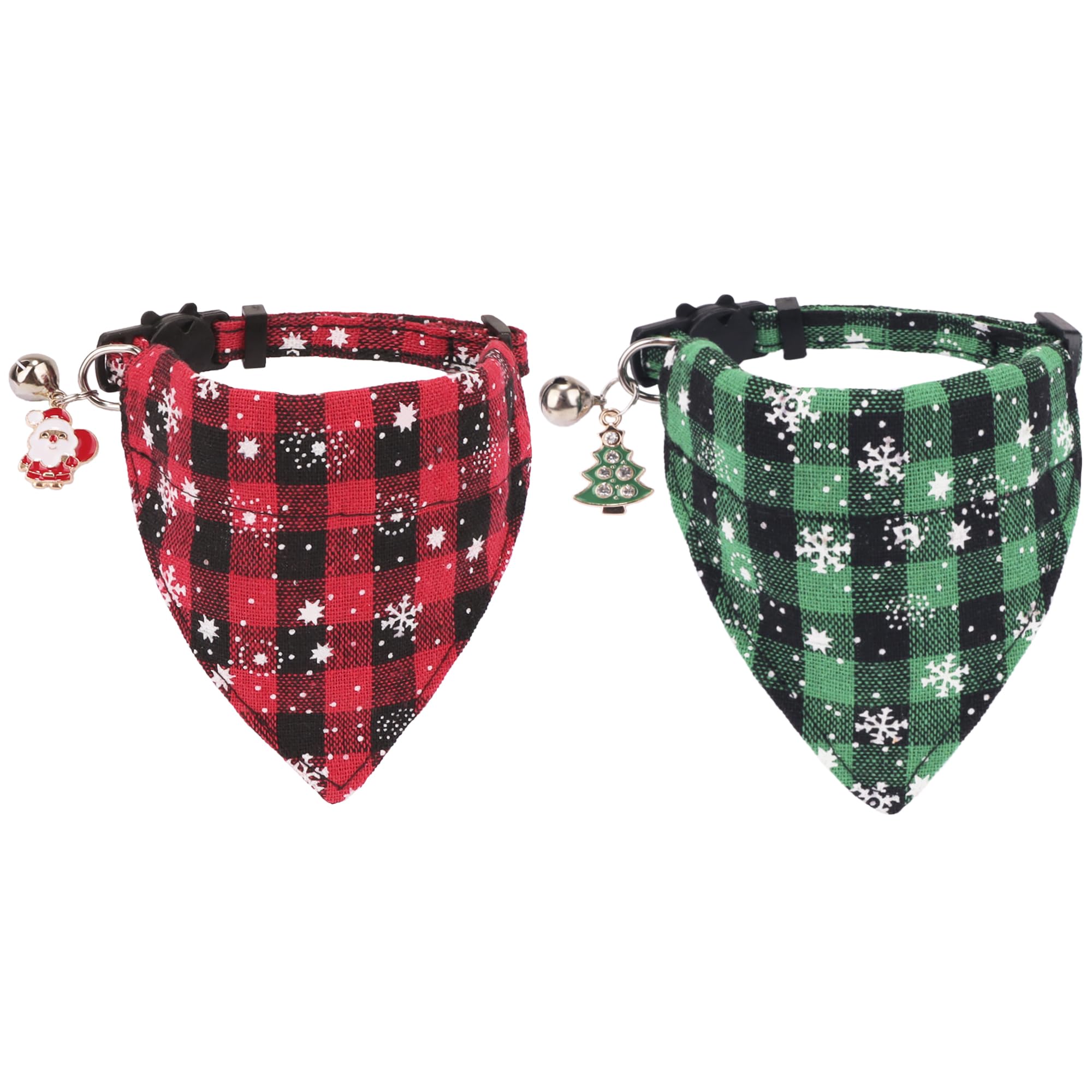 Adoggygo Christmas Cat Collars Breakaway With Bell, 2 Pack Adjustable Cat Collar With Removable Bandana, Red Green Plaid Snowflake Cat Bandana Collar For Kittens Cats (7.5'- 10.5', Scarf)